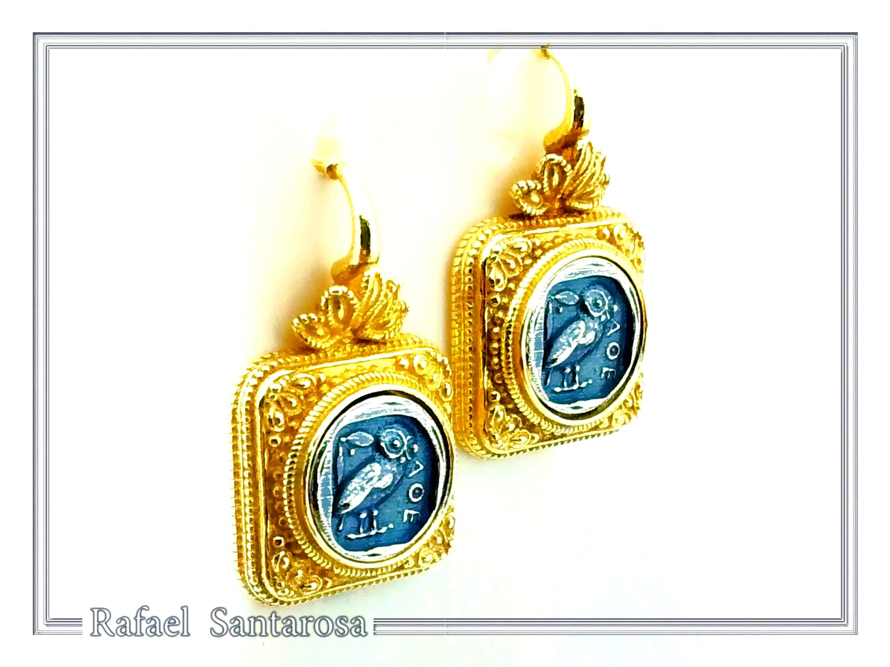 Athena Owl Coin Greek Museum Earrings: 18K Gold Filled Filigree and Oxidised Sterling Silver — additional product image 2 from Rafael Santarosa Fine Jewelry