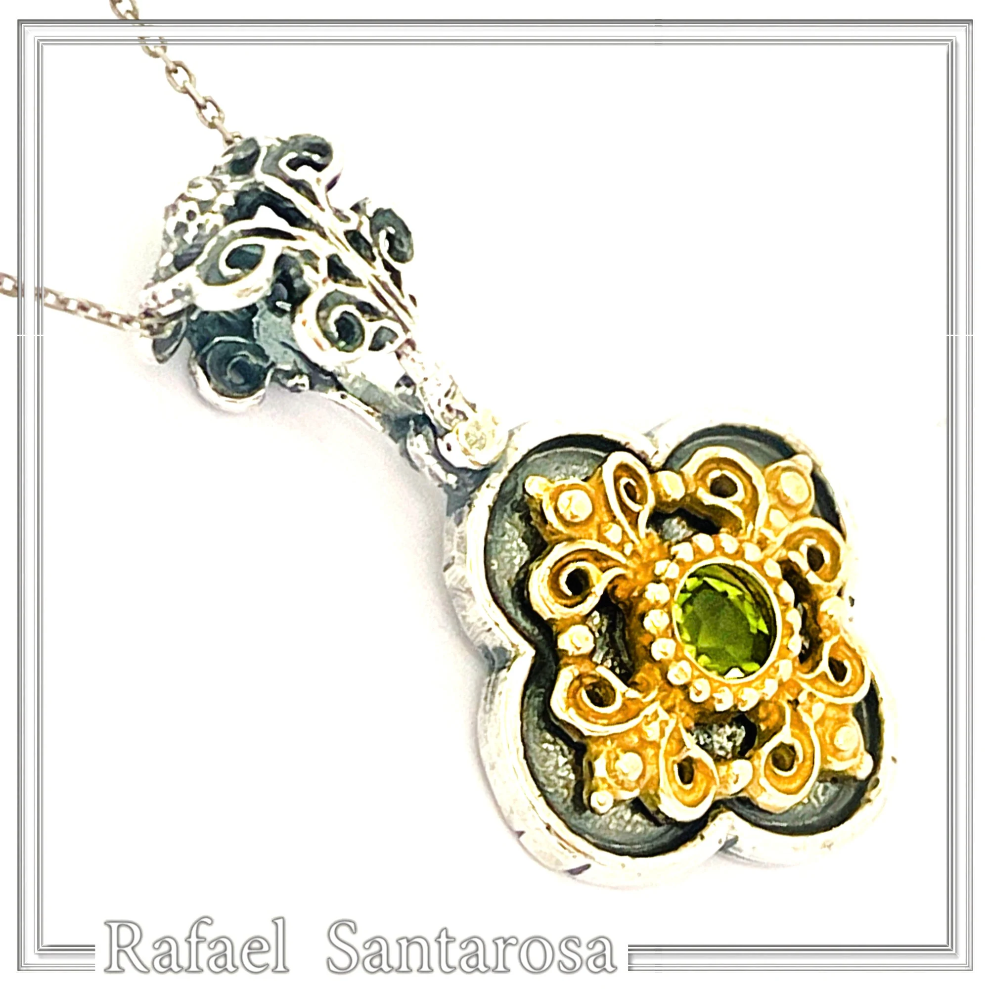 Byzantine Filigree Natural Green Peridot Necklace: Handmade Sterling Silver Oxidized and 18K Gold Filled — additional product image 2 from Rafael Santarosa Fine Jewelry