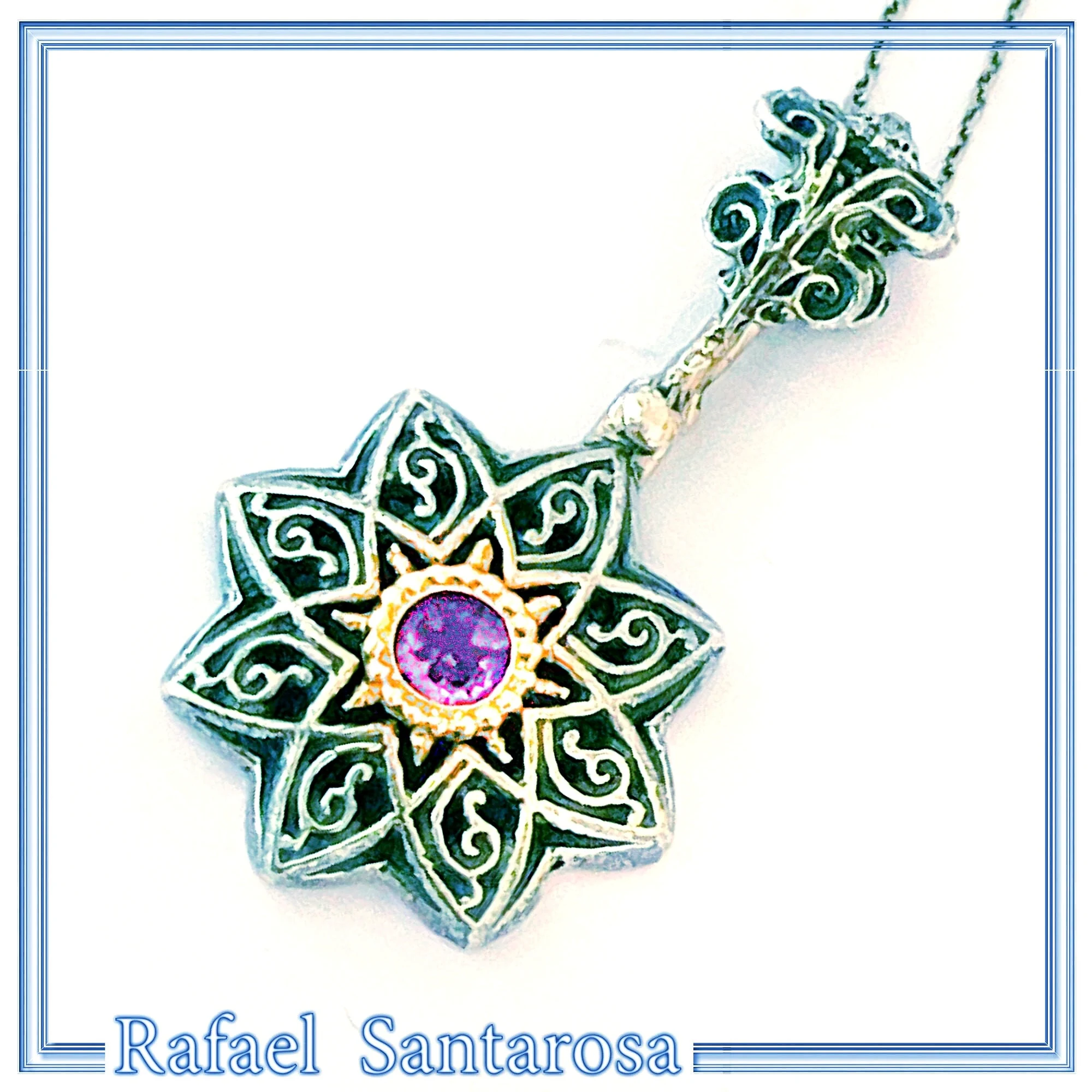 Byzantine Amethyst Filigree Detail Necklace: Oxidised and 18K Gold Filled Sterling Silver — additional product image 2 from Rafael Santarosa Fine Jewelry