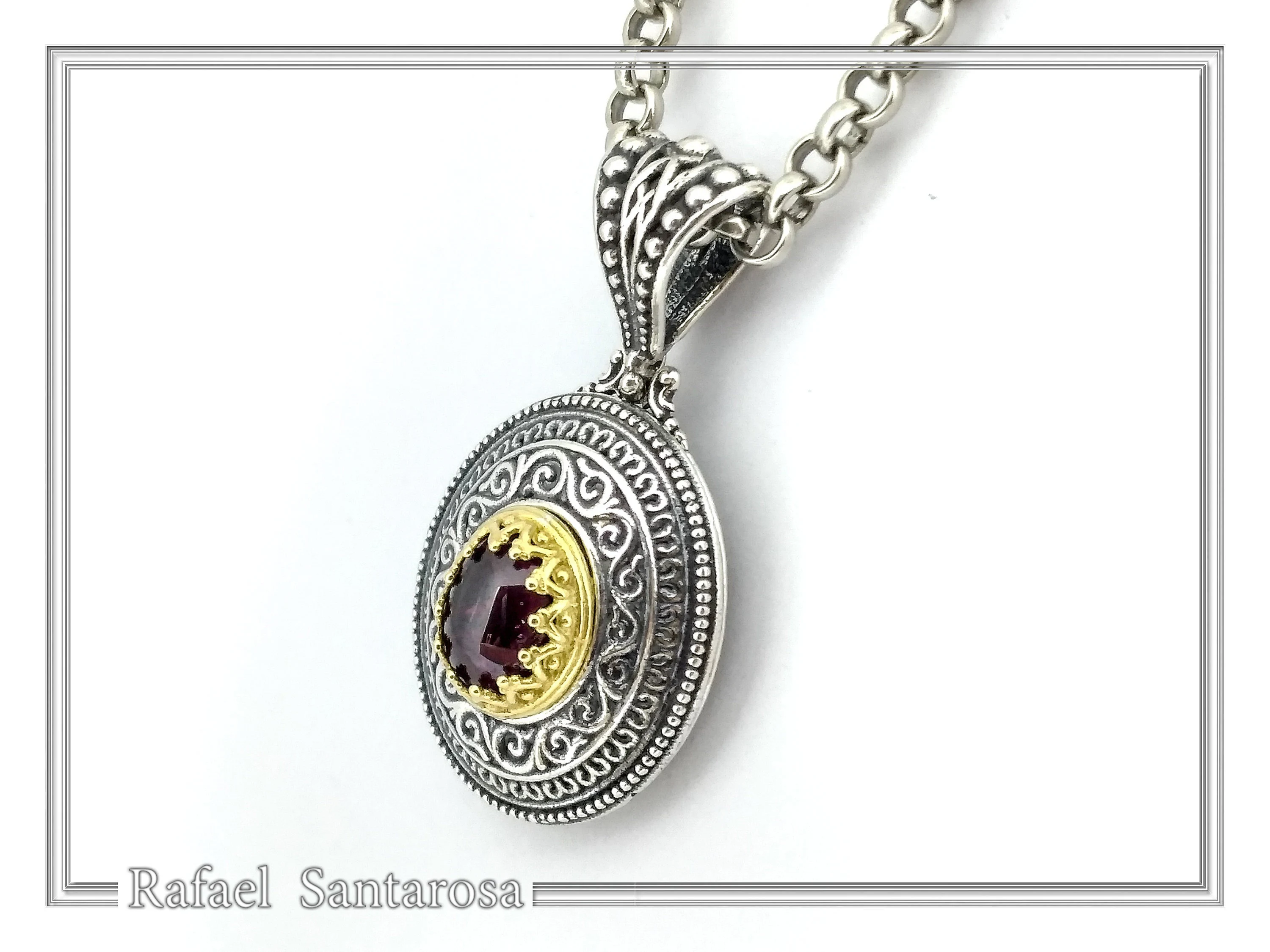 Natural Red Garnet Byzantine Filigree Pendant: Oxidized and 18k Gold Filled Sterling Silver — additional product image 2 from Rafael Santarosa Fine Jewelry