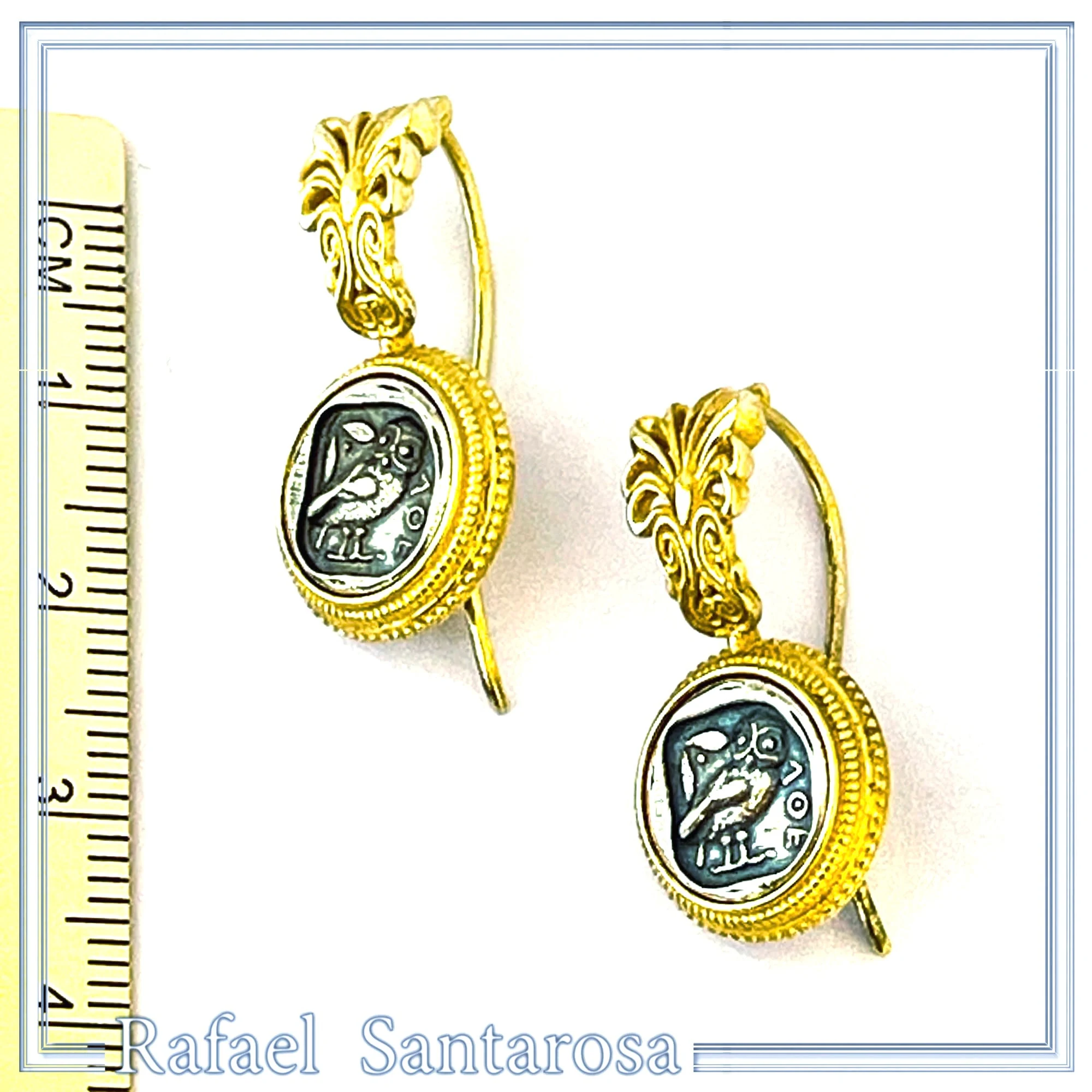 Athena Owl Coin Tetradrachm Antefix Earrings: Oxidised & 18K Gold-Filled Sterling Silver, Museum Replica — additional product image 7 from Rafael Santarosa Fine Jewelry