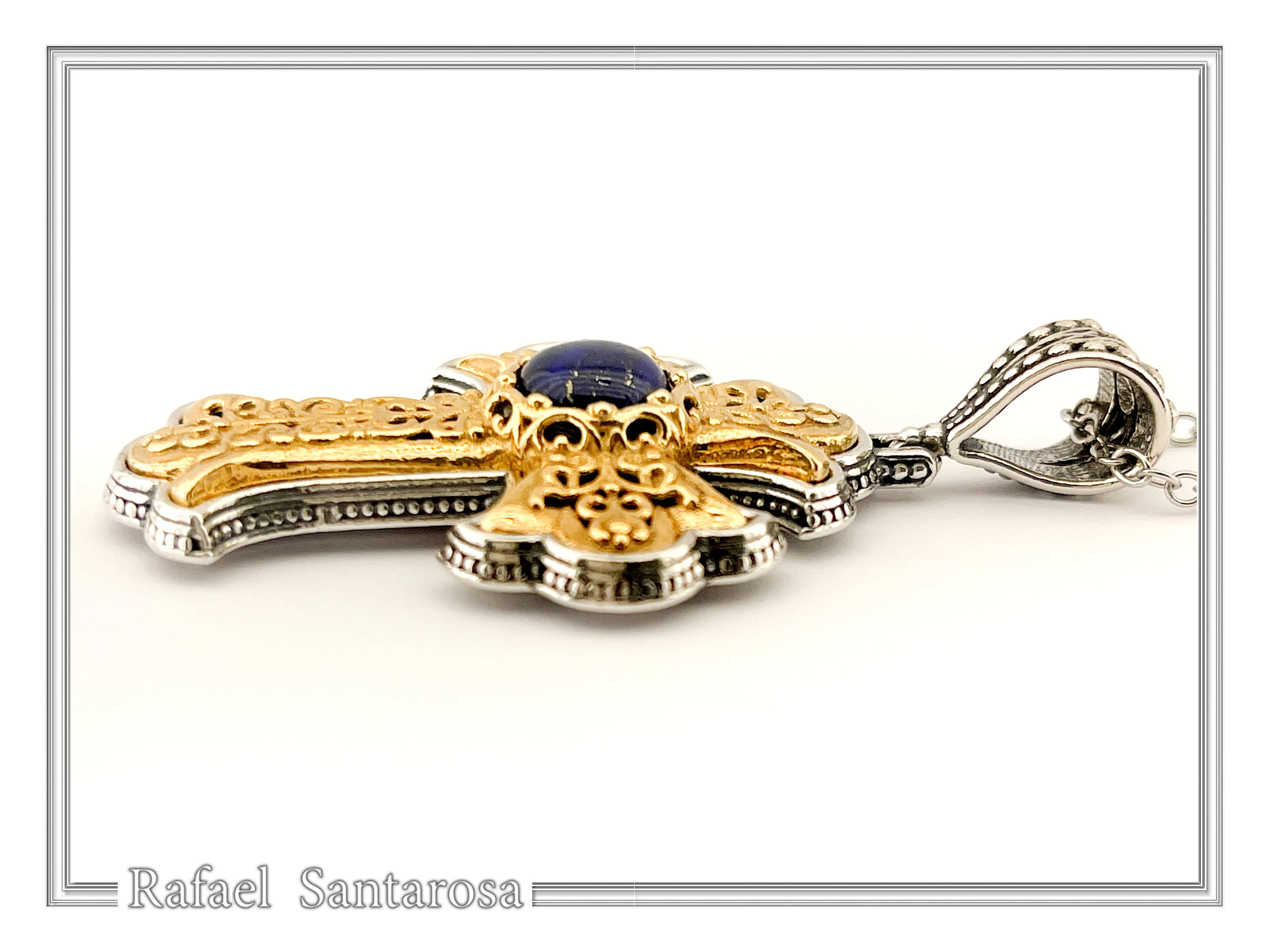 Natural Lapis Lazuli Imperial Byzantine Big Size Cross Necklace: Oxidized & 18K Gold Filled Silver — additional product image 5 from Rafael Santarosa Fine Jewelry