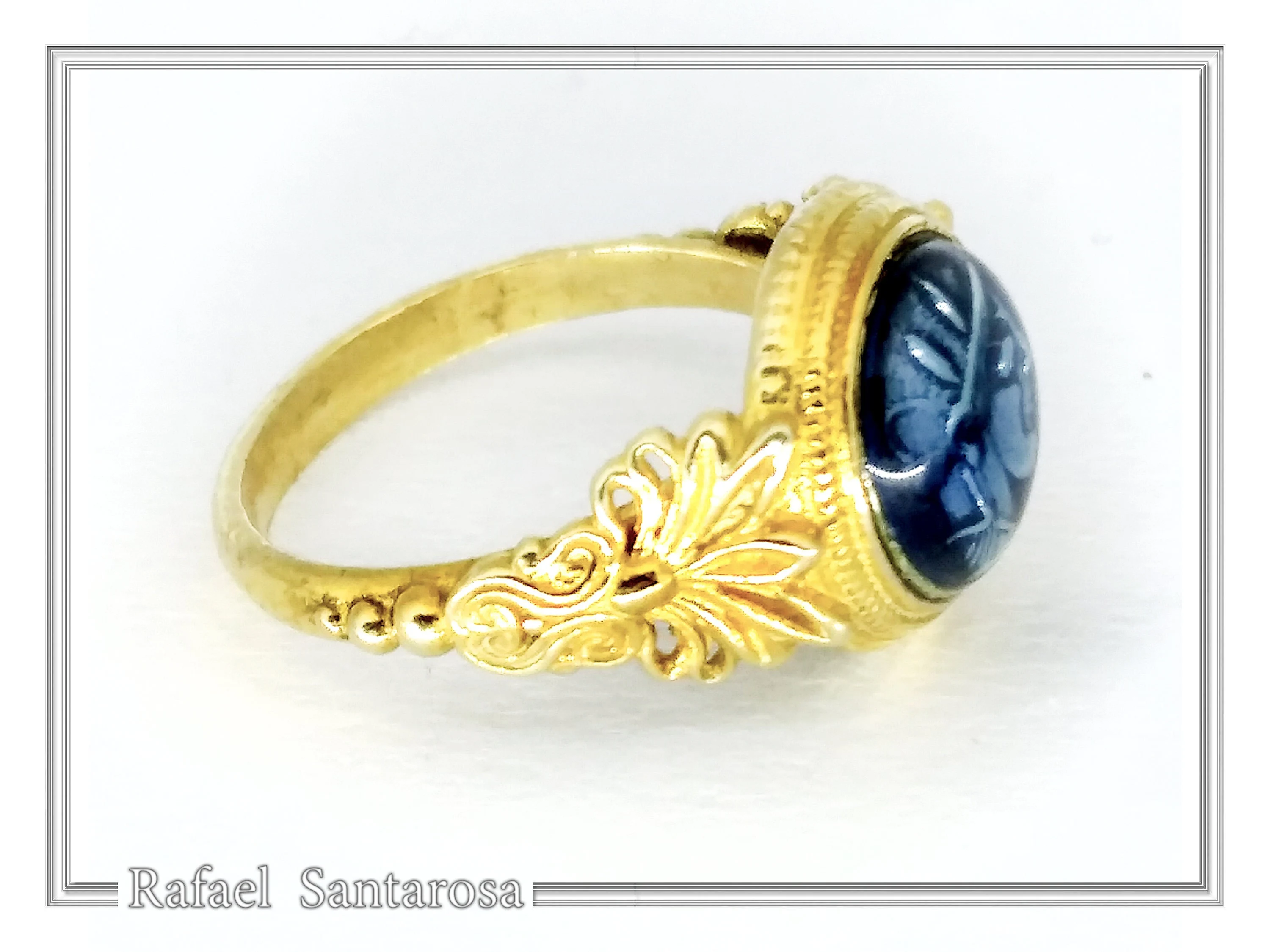 Athena Greek Goddess Head Coin Ring with Antefix Ornaments: Blue Enamel, 18K Gold-Filled Silver — additional product image 4 from Rafael Santarosa Fine Jewelry