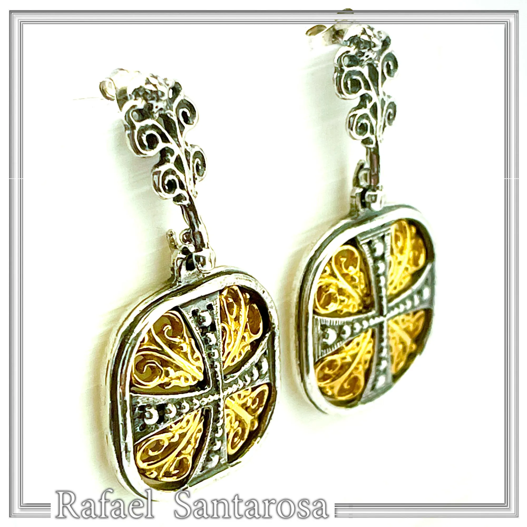 Byzantine Empire Orthodox Cross Earrings: Sterling Silver Oxidized & 18K Gold-Filled Filigree — additional product image 5 from Rafael Santarosa Fine Jewelry