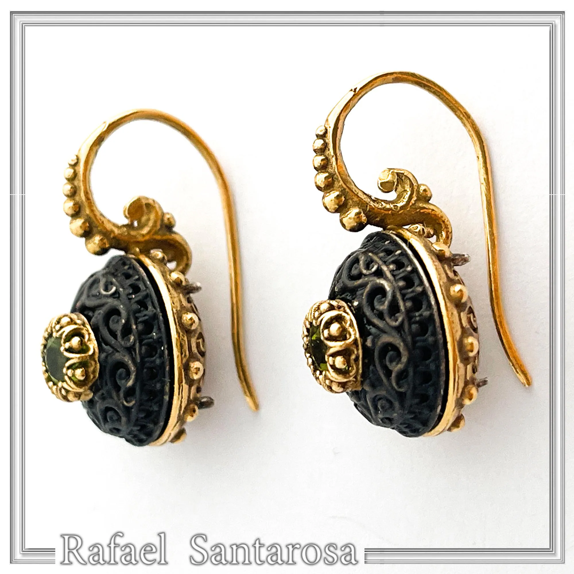 Byzantine Filigree Natural Gemstones Silver Earrings: Oxidised black and Gold-Filled silver