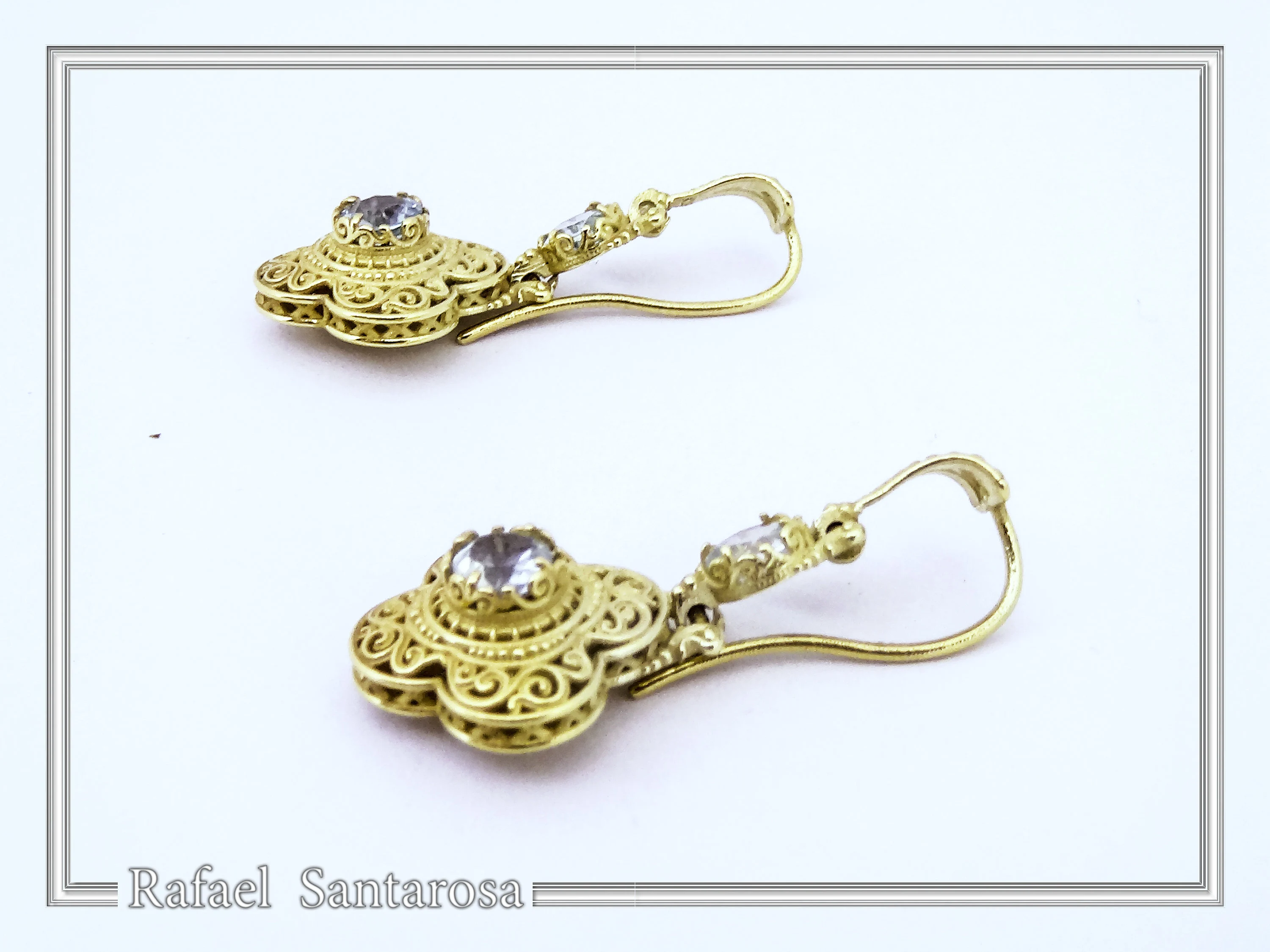 18K Solid Gold Filigree Byzantine Dangle Earrings with Natural Sky-Blue Topaz Brilliant Cut — additional product image 7 from Rafael Santarosa Fine Jewelry