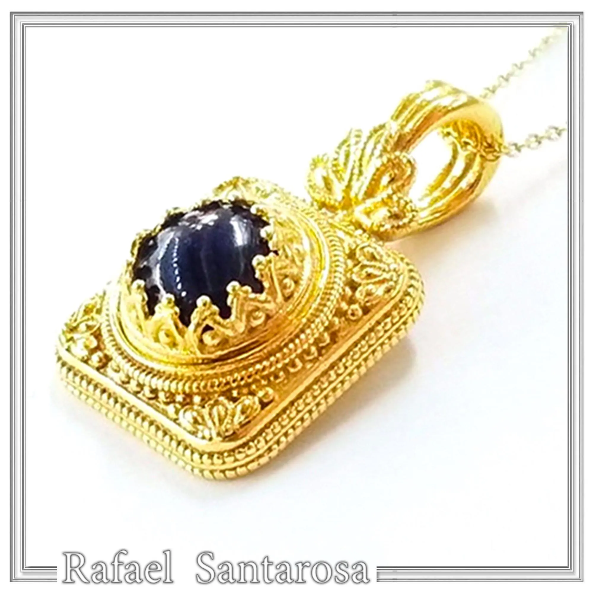 Solid Gold 18k Natural Lapis Lazuli Pendant: Byzantine Style Filigree and Granulation Handmade Jewelry — additional product image 10 from Rafael Santarosa Fine Jewelry