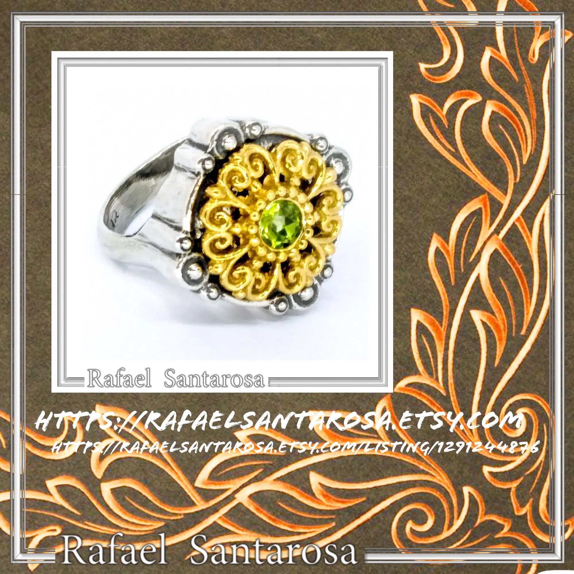 Natural Peridot Byzantine Ring: Oxidised and Gold-Filled Filigree Sterling Silver Statement Ring — additional product image 10 from Rafael Santarosa Fine Jewelry