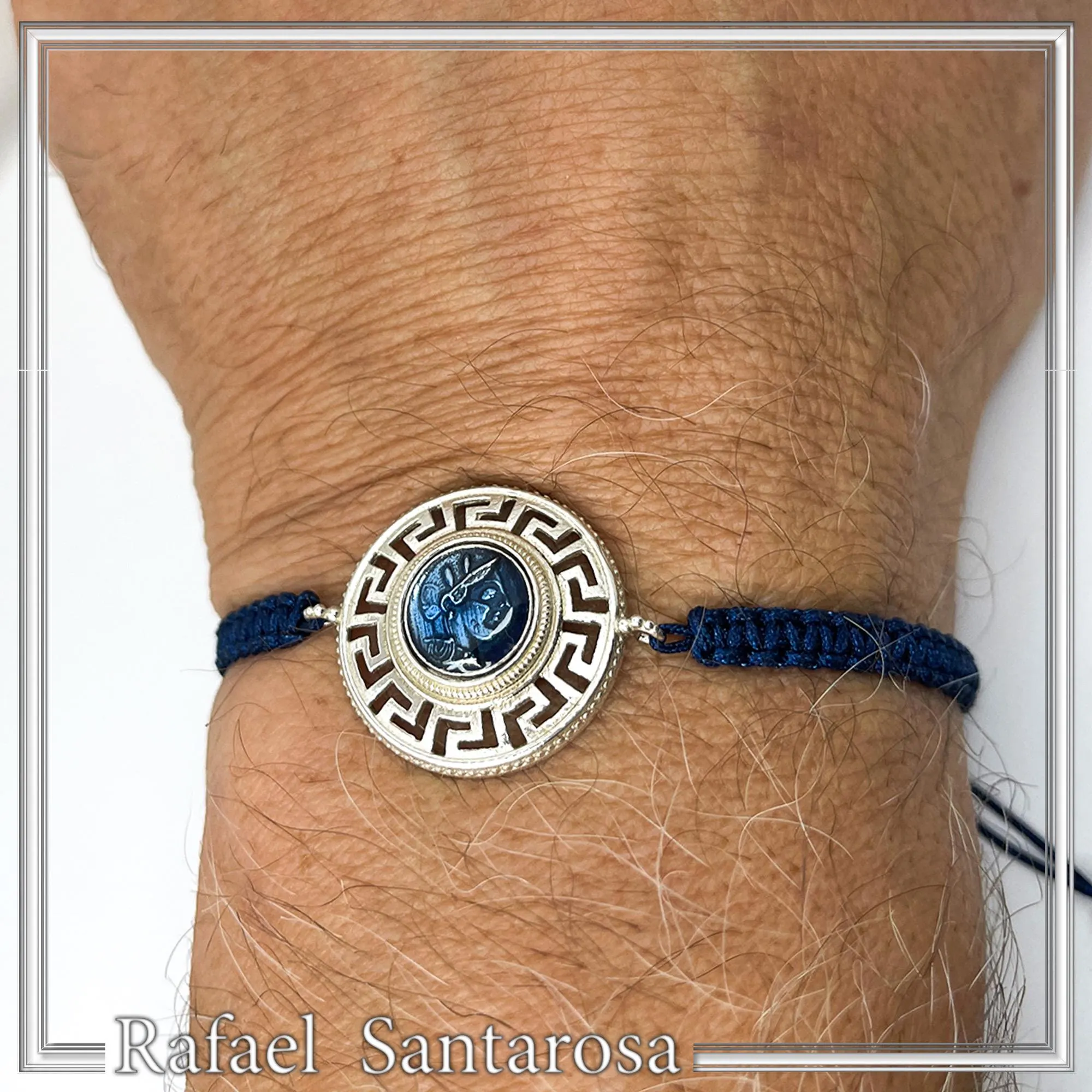 Sterling Silver Athena Promachos Bracelet Greek Key Tetradrachm Sky Blue Enamel Macrame Cord Viscose — additional product image 2 from Rafael Santarosa Fine Jewelry
