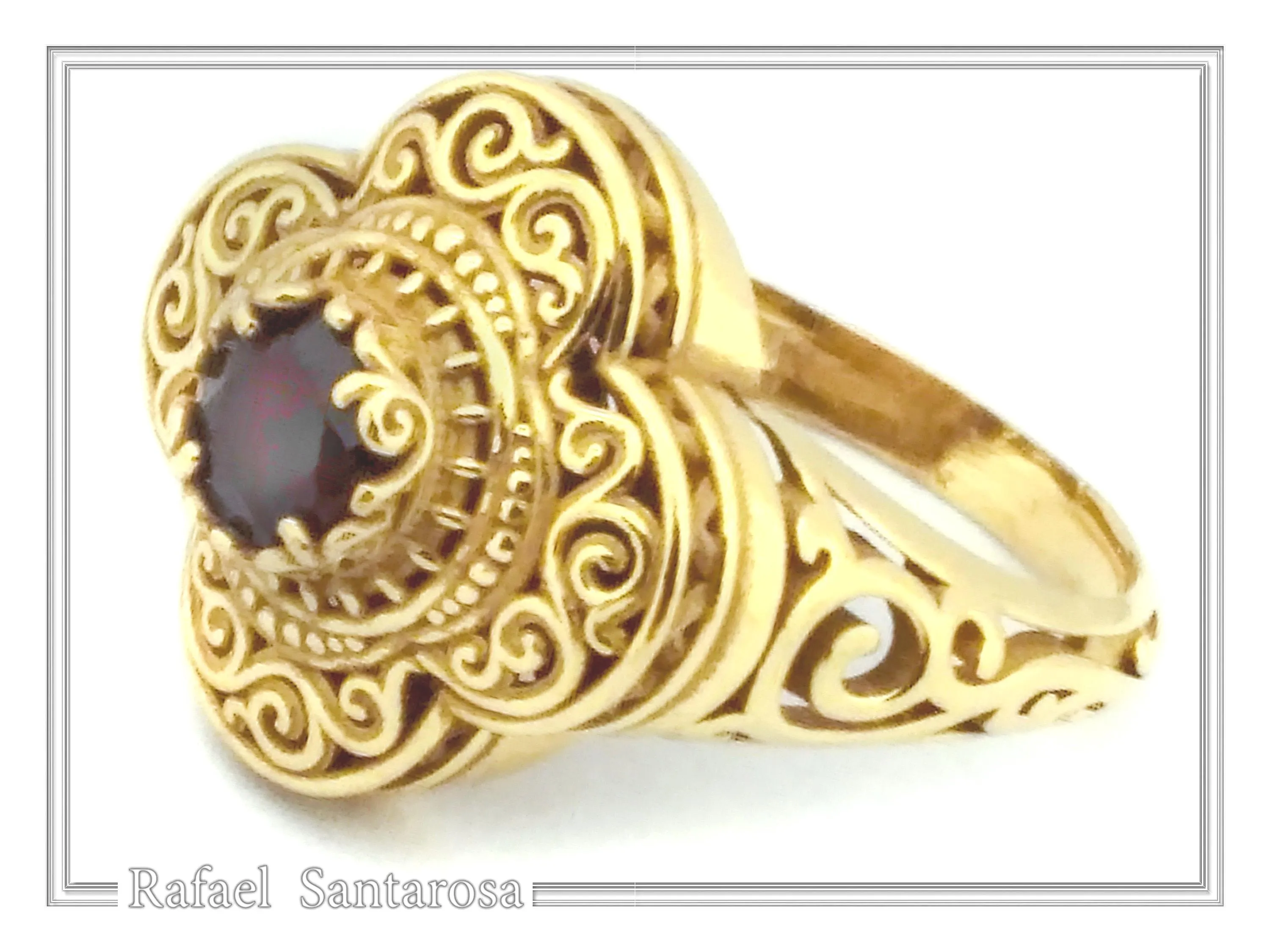 Natural brilliant cut topaz Byzantine Ring: Engraved and filigree Sterling Silver 18K Gold Filled — additional product image 10 from Rafael Santarosa Fine Jewelry