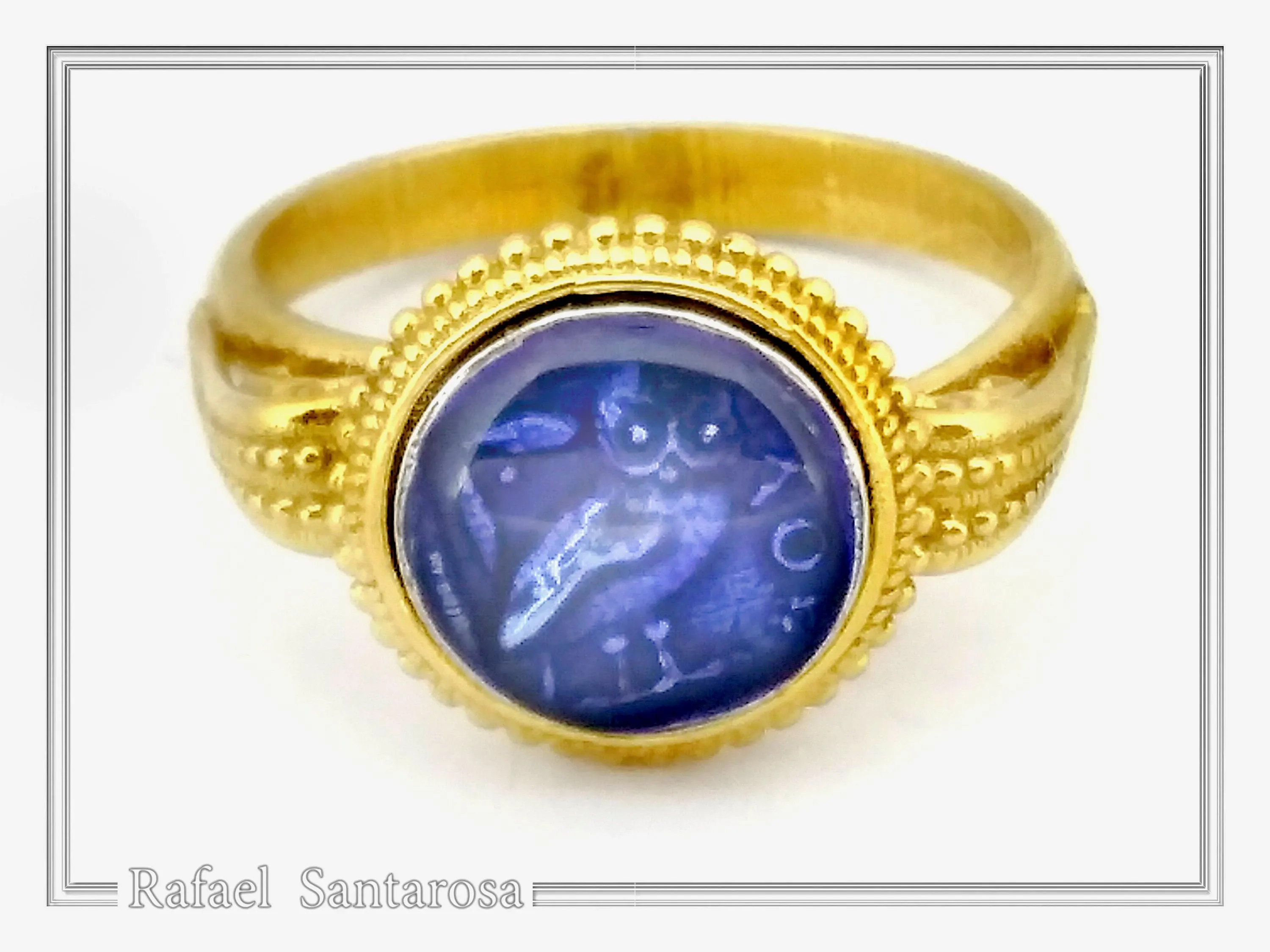 Athena Owl Coin Tetradrachm Ring: Blue Transparent Enamel on 18K Gold-Filled Filigree Sterling Silver — additional product image 5 from Rafael Santarosa Fine Jewelry