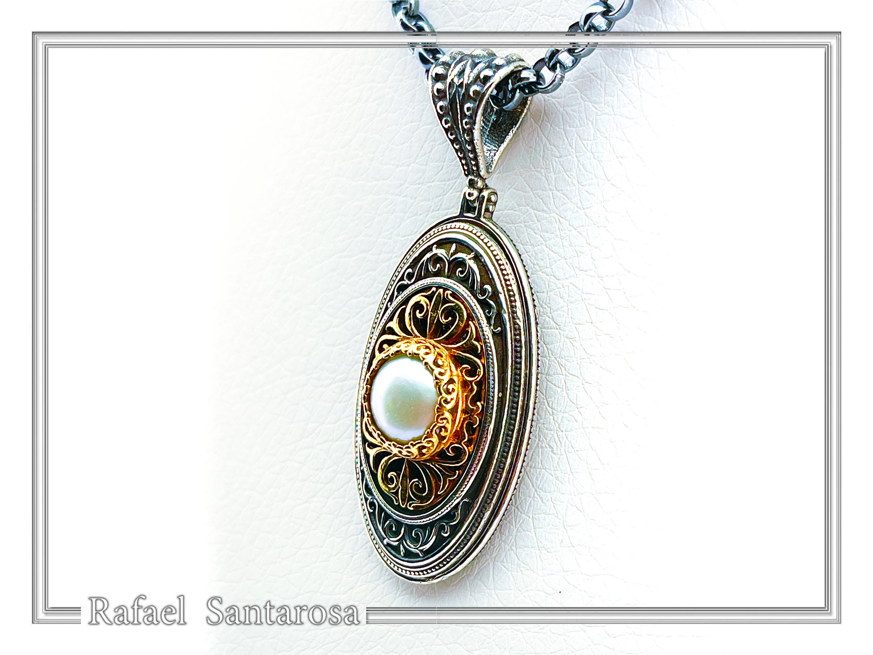 Natural Pearl on Byzantine Ornaments Pendant: Oxidized Sterling Silver and 18 Karat Gold Filled — additional product image 3 from Rafael Santarosa Fine Jewelry