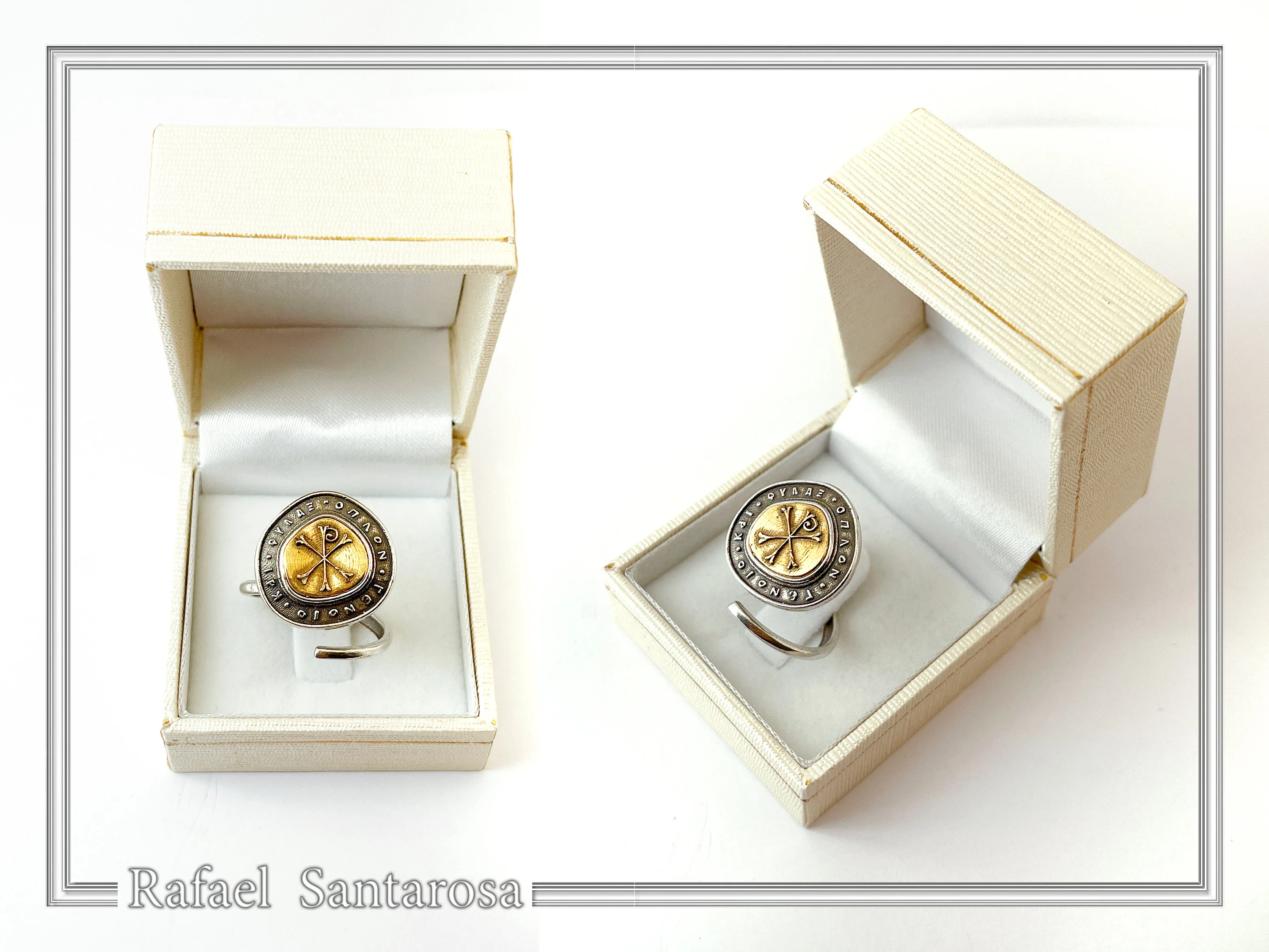 18K Gold Chi Rho Christogram on Oxidized Sterling Silver Adjustable Ring, Byzantine Prayer Talisman — additional product image 9 from Rafael Santarosa Fine Jewelry