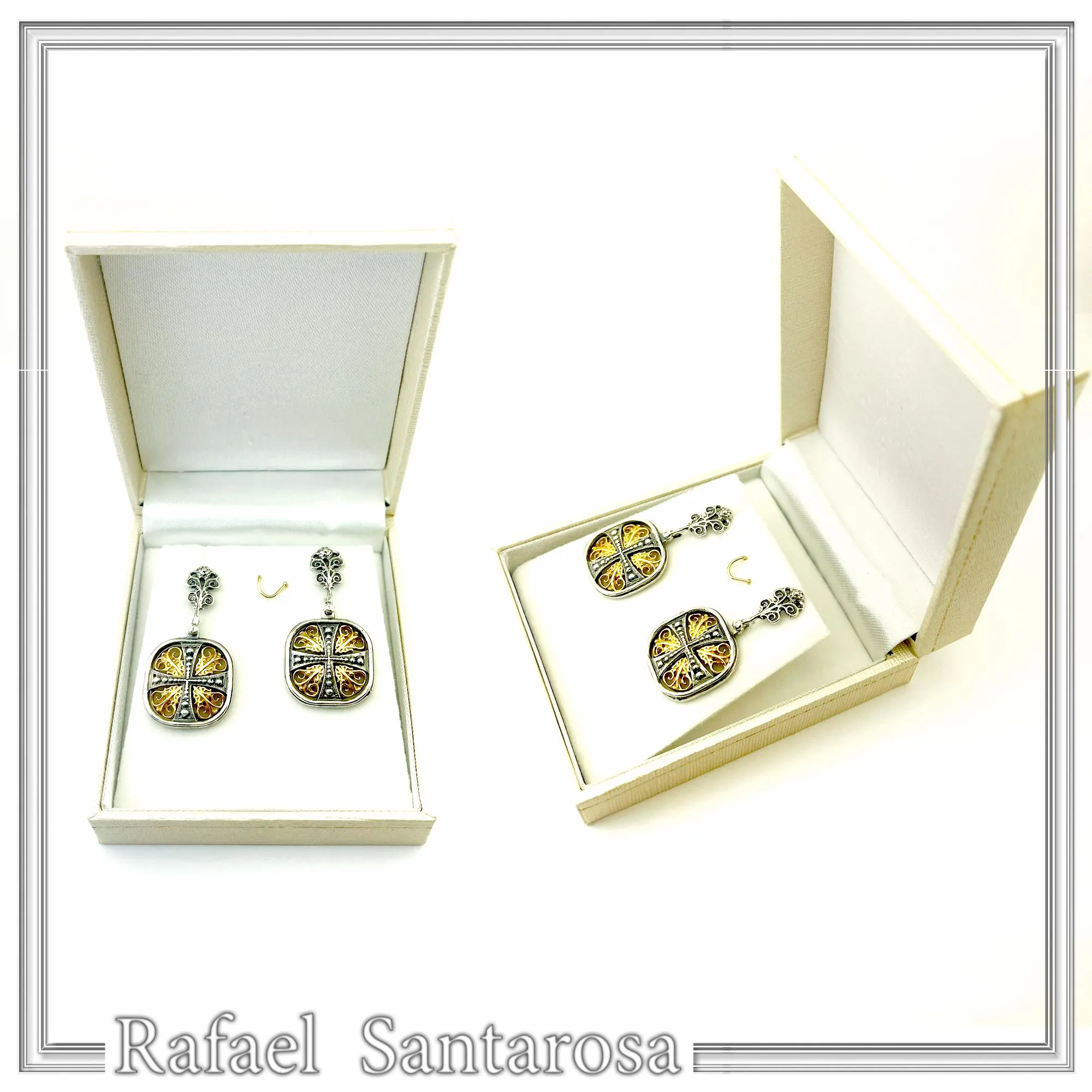Byzantine Empire Orthodox Cross Earrings: Sterling Silver Oxidized & 18K Gold-Filled Filigree — additional product image 10 from Rafael Santarosa Fine Jewelry