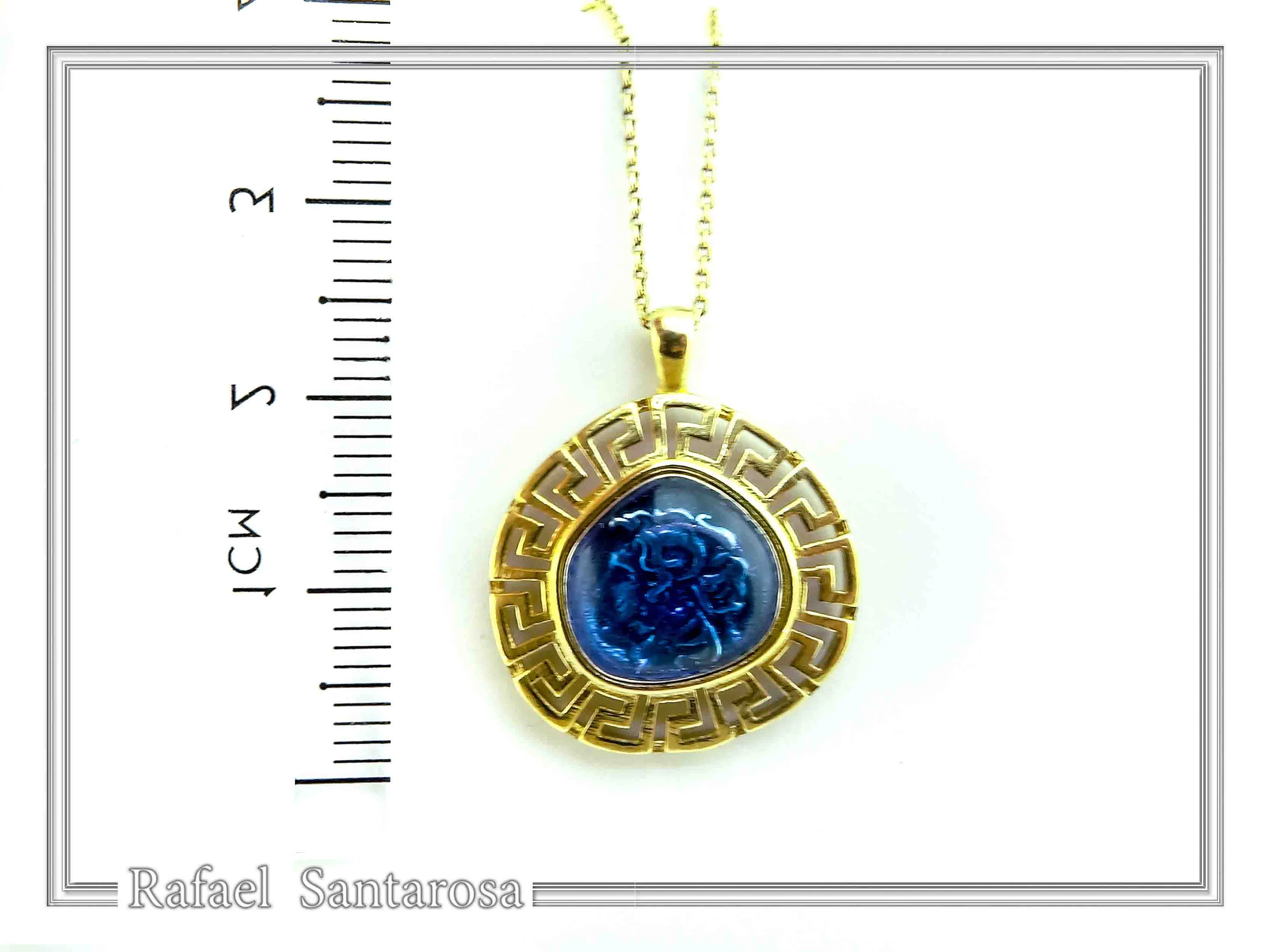 Alexander the Macedon coin silver necklace with Greek key 18k gold filled & sky-blue enamel. — additional product image 7 from Rafael Santarosa Fine Jewelry