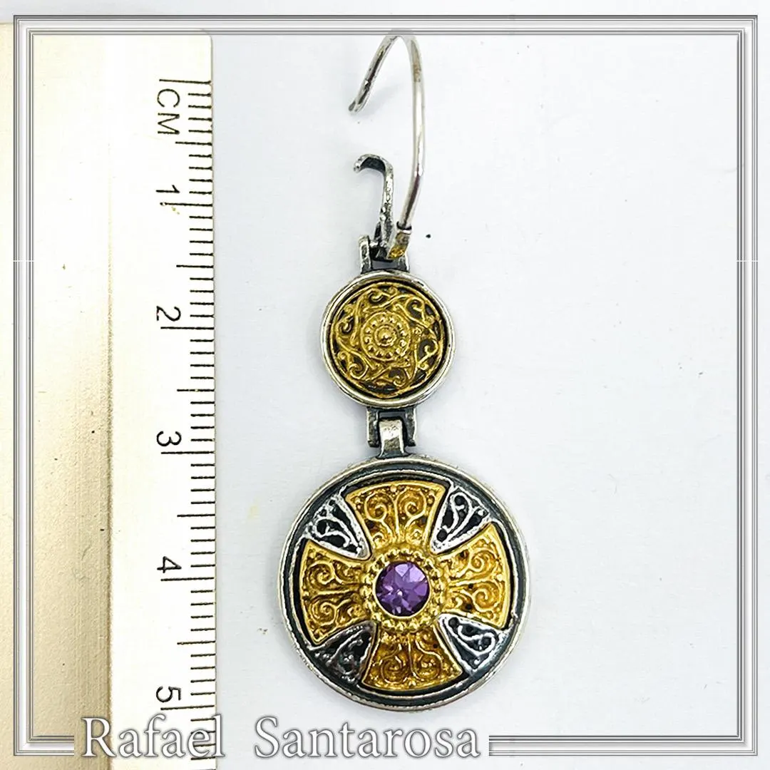Byzantine Cross Drop Earrings Sterling Silver Oxidised and 18k Gold Filled African Amethyst — additional product image 9 from Rafael Santarosa Fine Jewelry