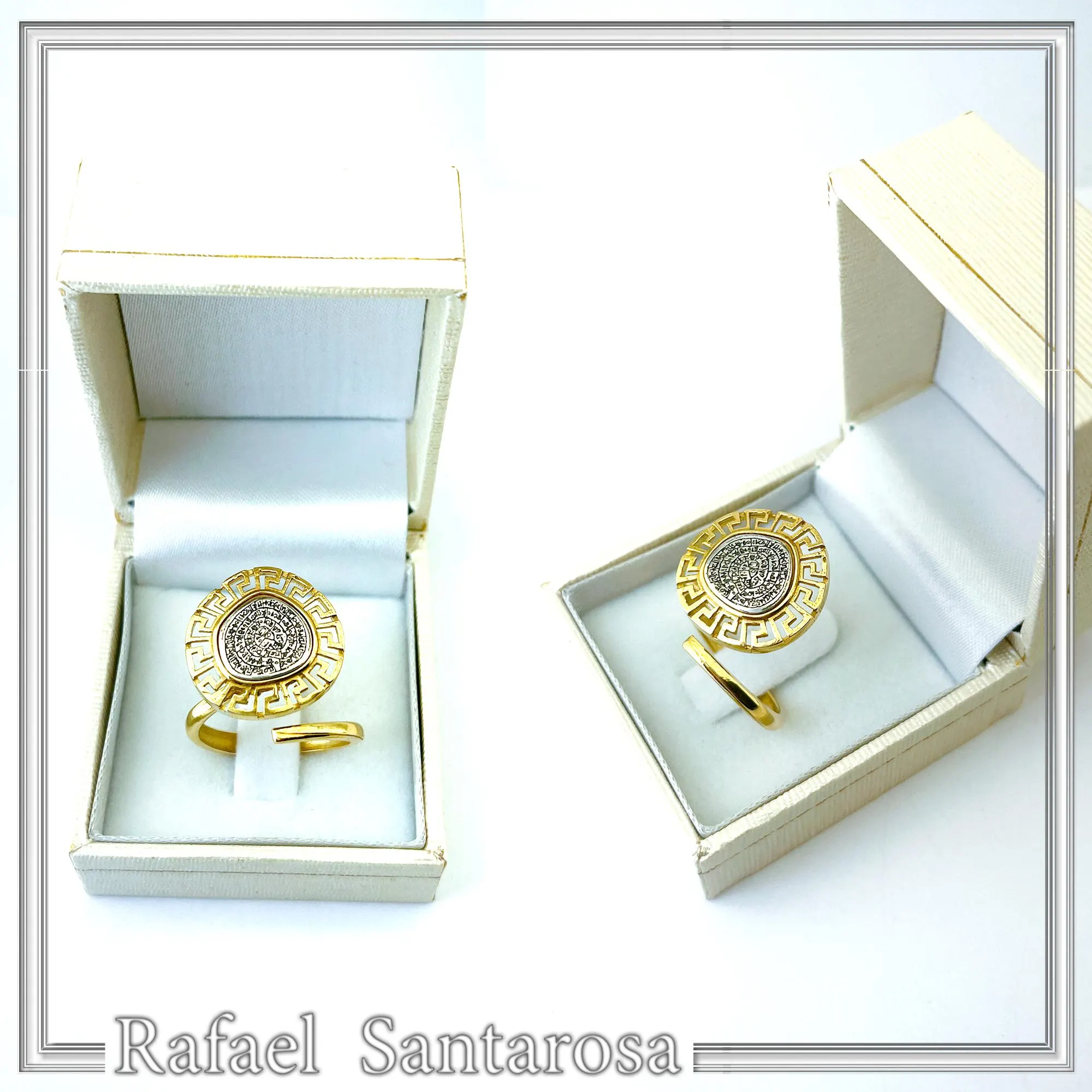 Greek Calendar Phaistos Disc on Greek Key Ring: Oxidized Sterling Silver, 18K Gold Filled — additional product image 9 from Rafael Santarosa Fine Jewelry