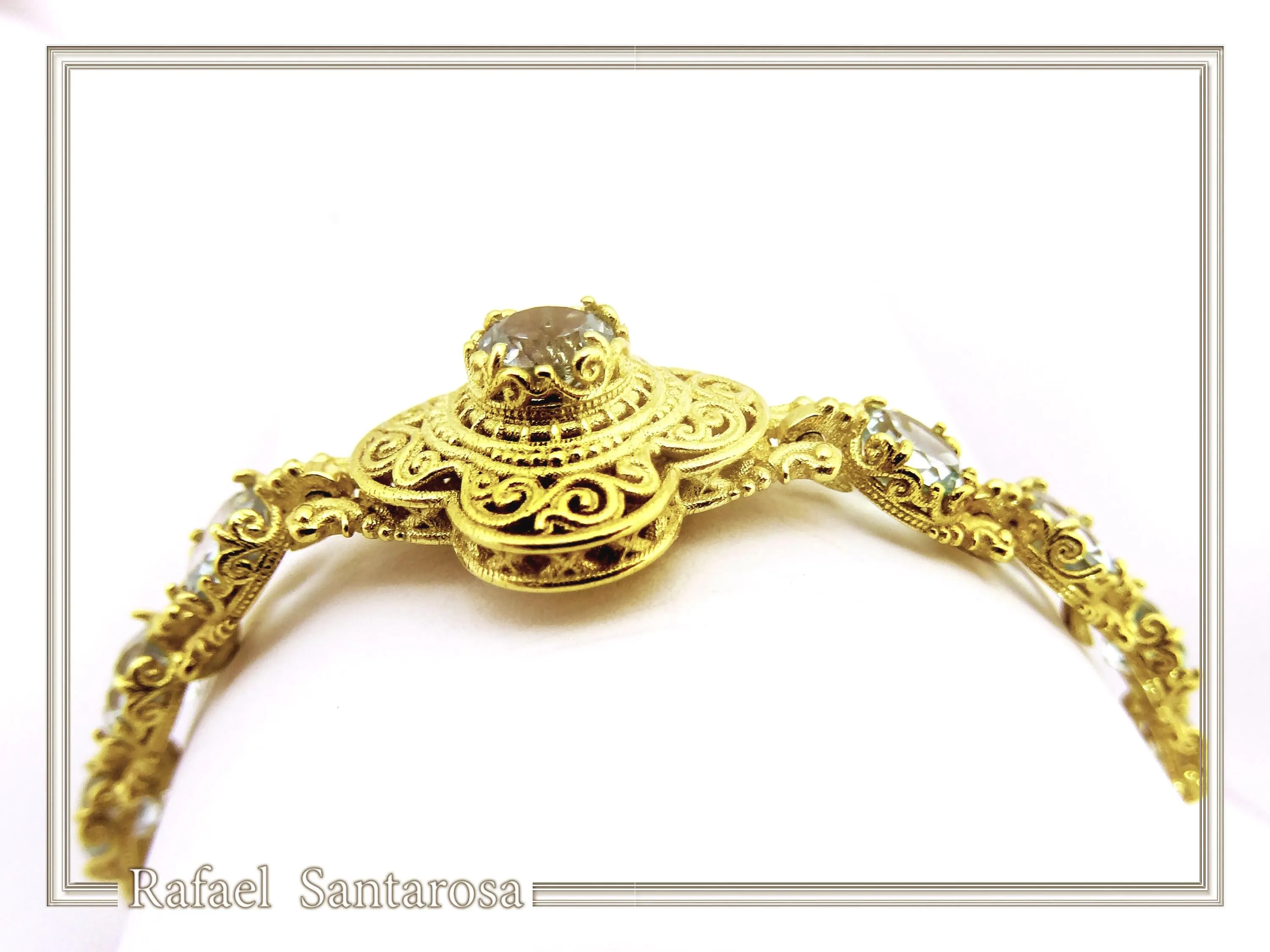 18K Gold Beaded Bracelet Handcrafted Byzantine Cross Filigree: Natural Genuine Sky-Blue Topaz Gemstones — additional product image 6 from Rafael Santarosa Fine Jewelry