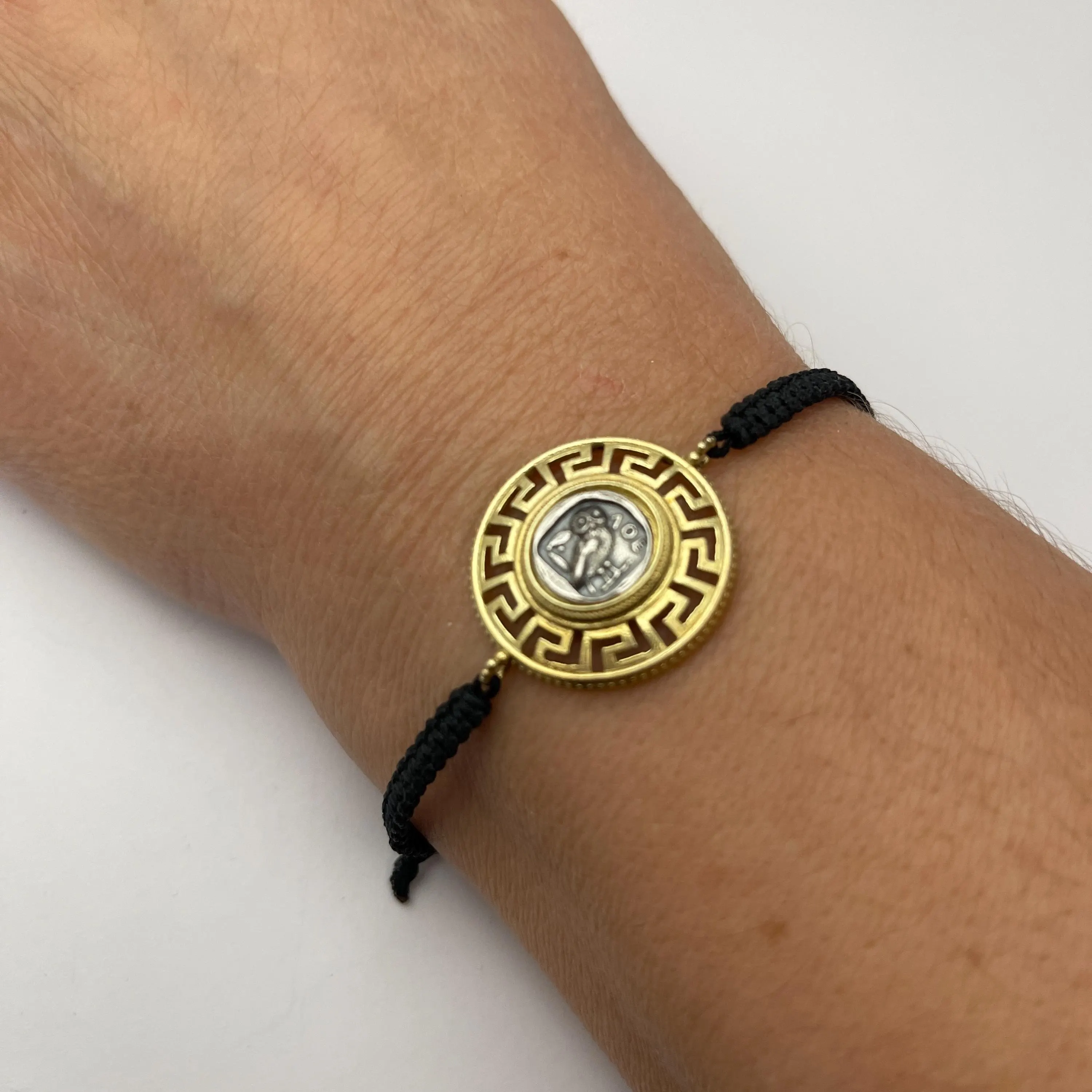 Owl Coin Tetradrachm with Greek Key Macrame Bracelet, 18K Gold Filled & Oxidized Sterling Silver — additional product image 8 from Rafael Santarosa Fine Jewelry