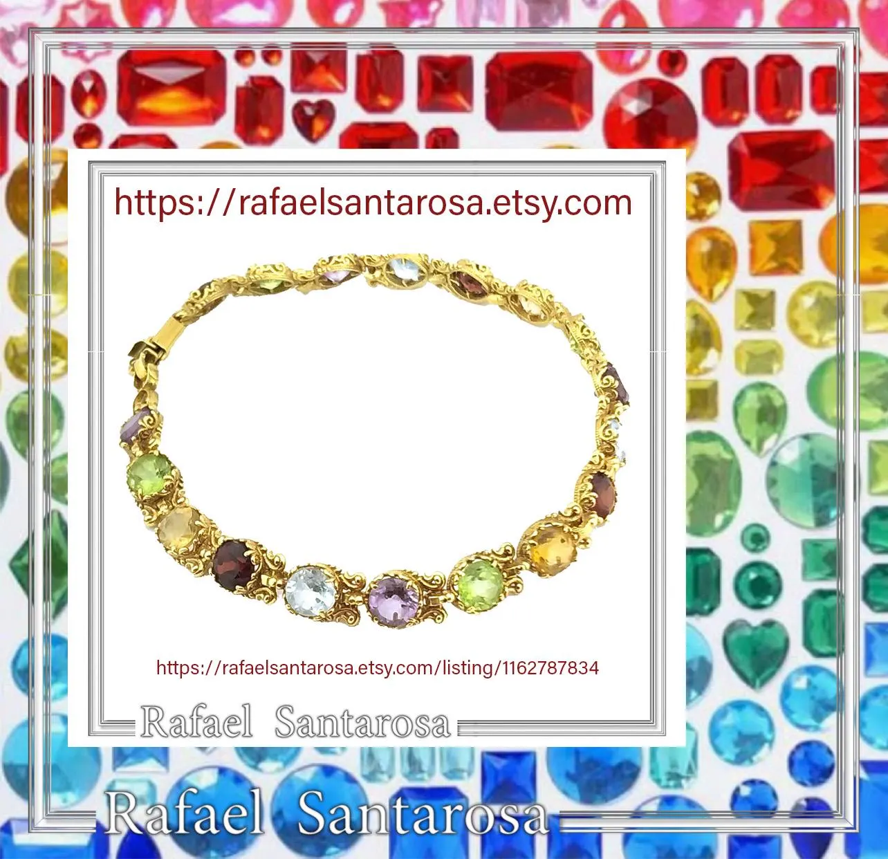 Natural Gemstone Multi stone Tennis Bracelet: Sterling Silver 18K Gold Filled Byzantine ornaments — additional product image 10 from Rafael Santarosa Fine Jewelry
