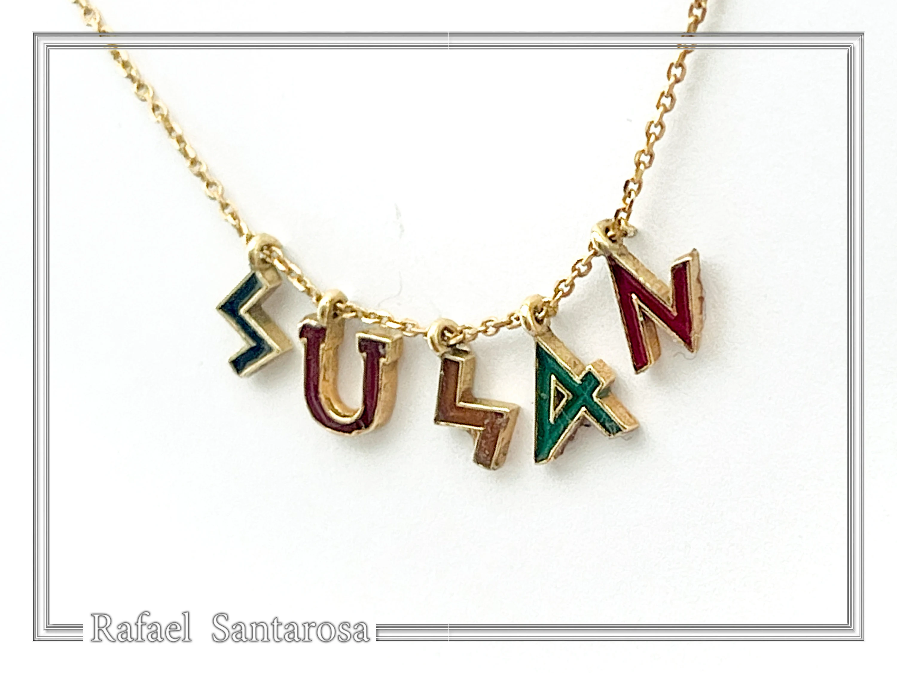 Personalized "Susan" Name Necklace: Multicolored Enamel on Greek Font Letter Silver 18K Gold Filled — additional product image 4 from Rafael Santarosa Fine Jewelry