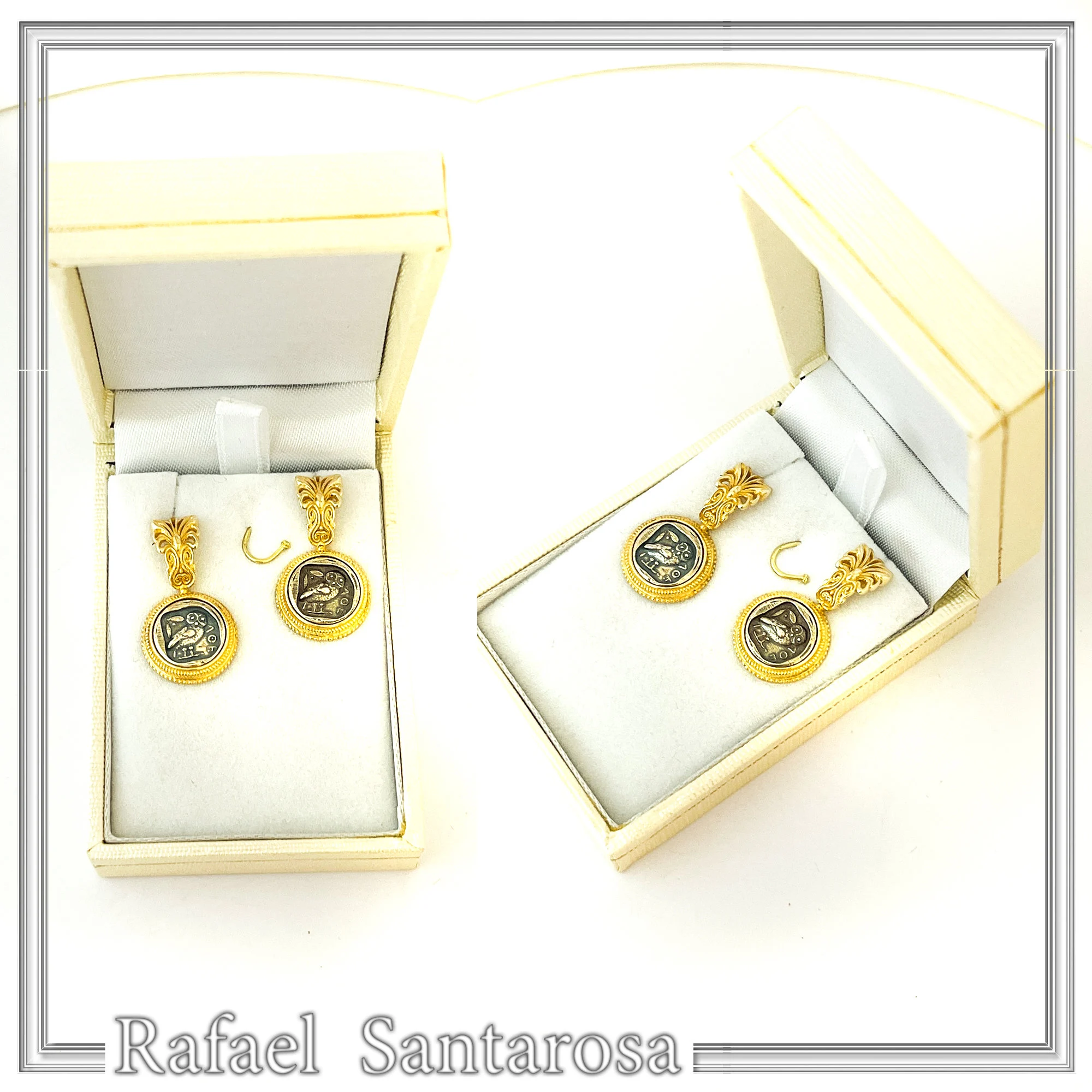 Athena Owl Coin Tetradrachm Antefix Earrings: Oxidised & 18K Gold-Filled Sterling Silver, Museum Replica — additional product image 9 from Rafael Santarosa Fine Jewelry