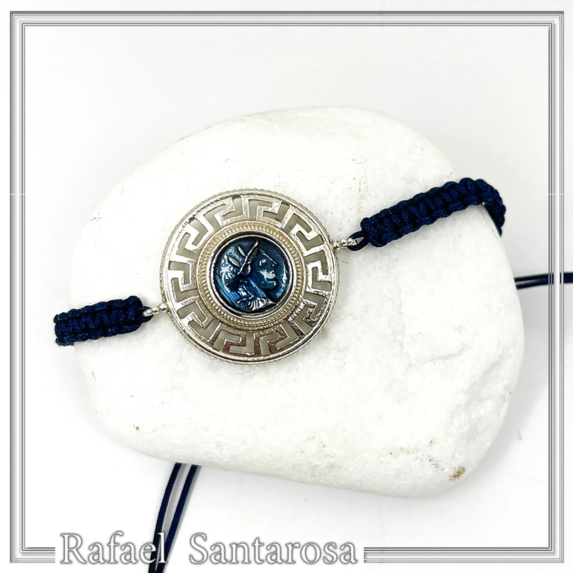 Sterling Silver Athena Promachos Bracelet Greek Key Tetradrachm Sky Blue Enamel Macrame Cord Viscose — additional product image 7 from Rafael Santarosa Fine Jewelry