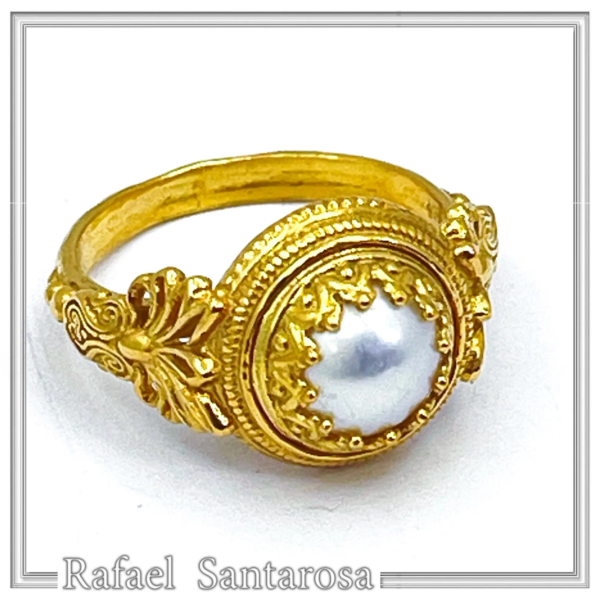 Sterling Silver Gold Filled Freshwater Pearl Ring Ancient Greek Antefix Filigree Design Handmade — additional product image 3 from Rafael Santarosa Fine Jewelry