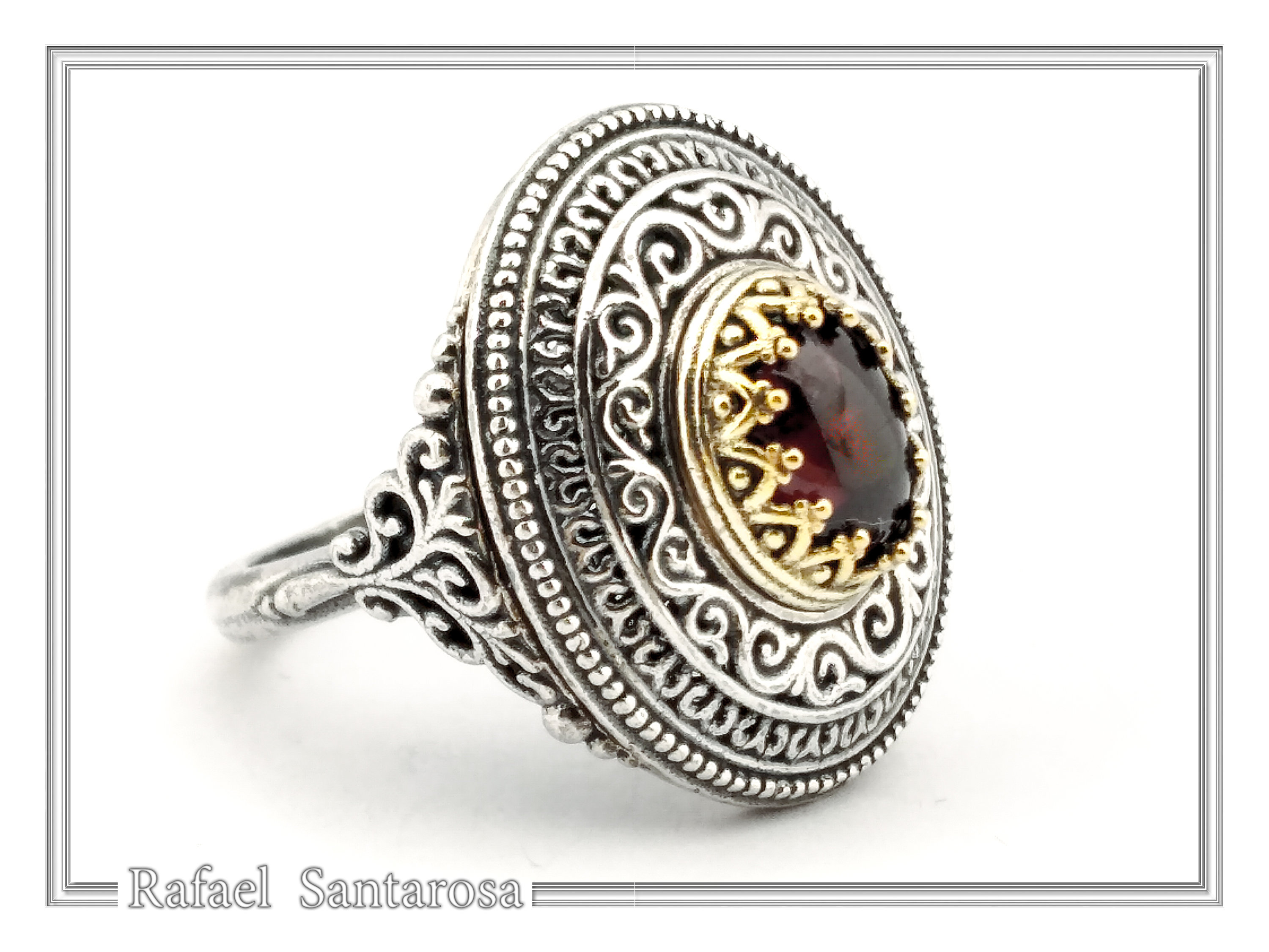Dark Red Genuine Garnet Byzantine Style Ring: Oxidized Sterling Silver & 18K Gold Filled Bezel — additional product image 3 from Rafael Santarosa Fine Jewelry