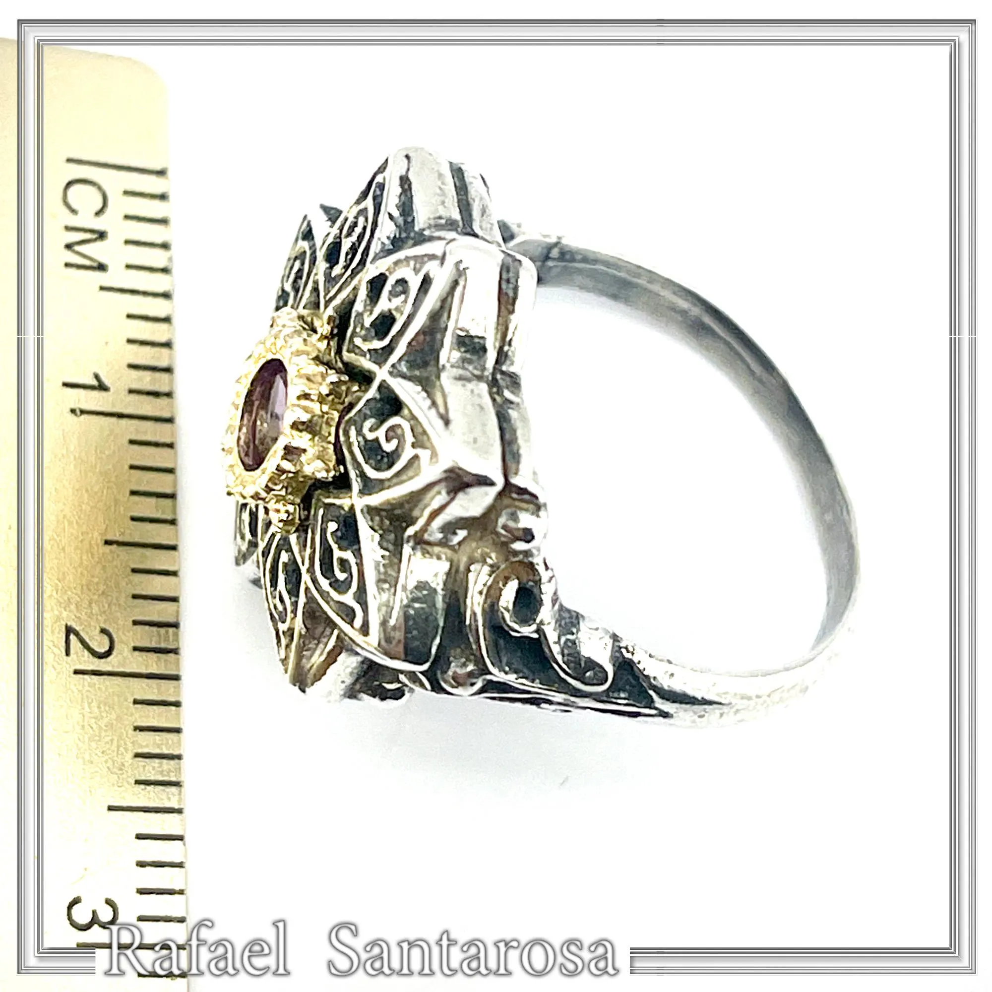 Natural African Amethyst Byzantine Ring: Oxidized Silver & 18k Gold Filled Filigree Bezel — additional product image 9 from Rafael Santarosa Fine Jewelry