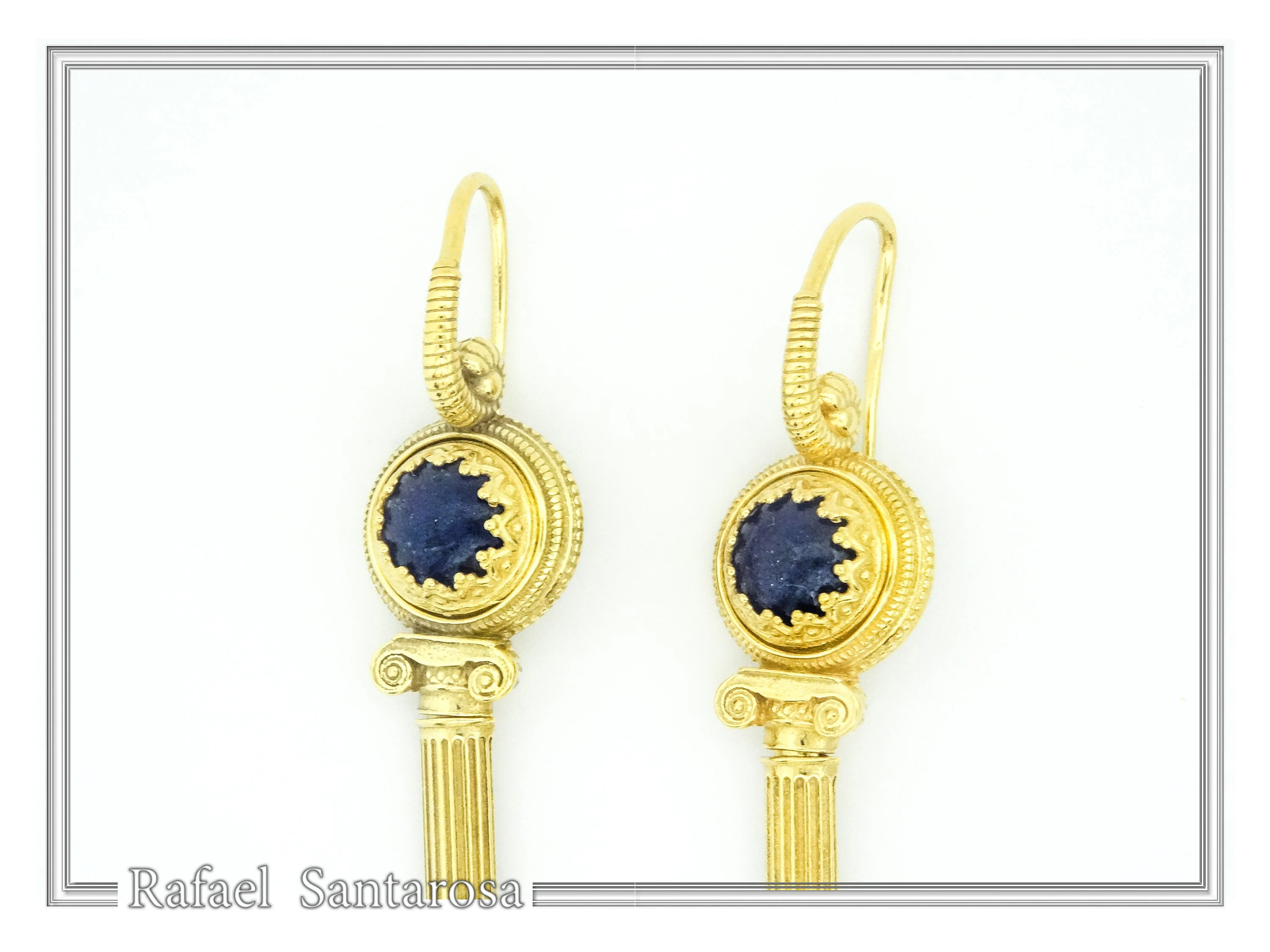Natural Lapis Lazuli Greek Column Museum Earrings: Sterling Silver 18K Gold Filled Filigree Bezel — additional product image 9 from Rafael Santarosa Fine Jewelry