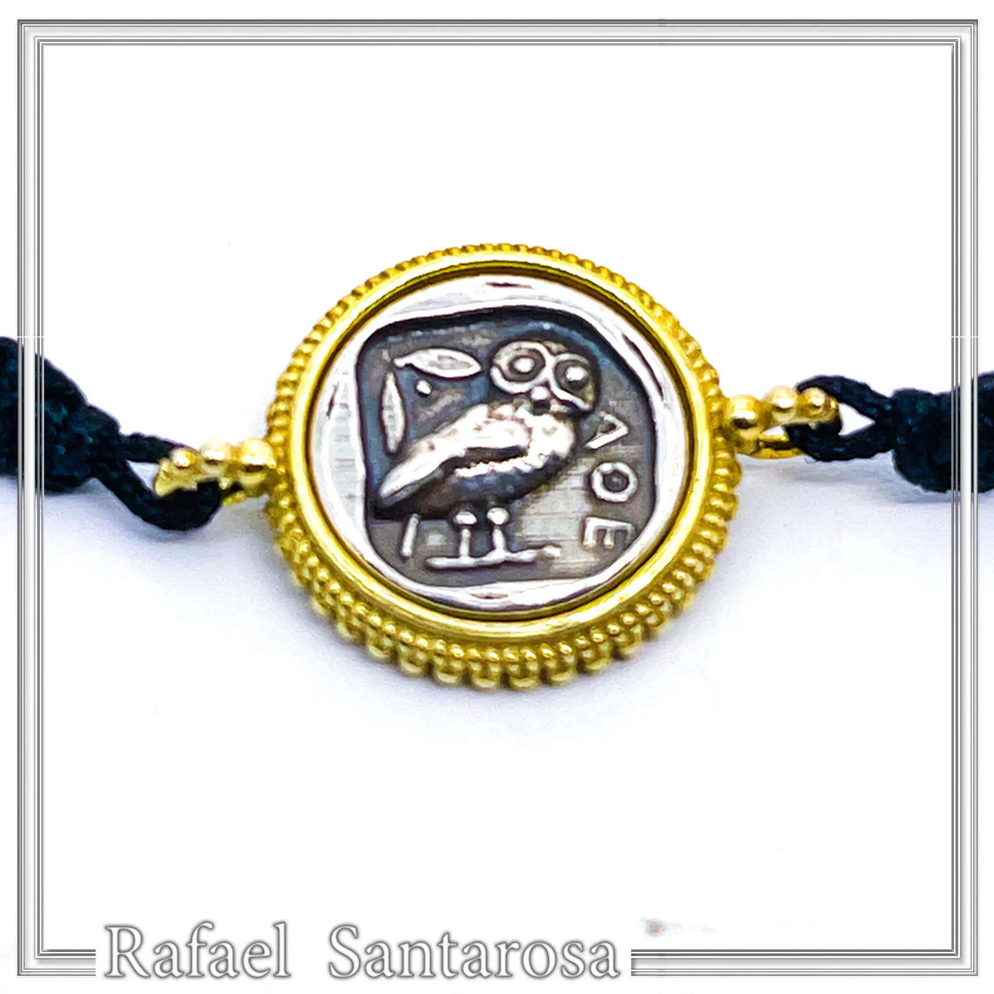 Owl Coin Bracelet Macrame Cord 18K Gold Filigree Base, Oxidized Sterling Silver Tetradrachm coin — additional product image 7 from Rafael Santarosa Fine Jewelry