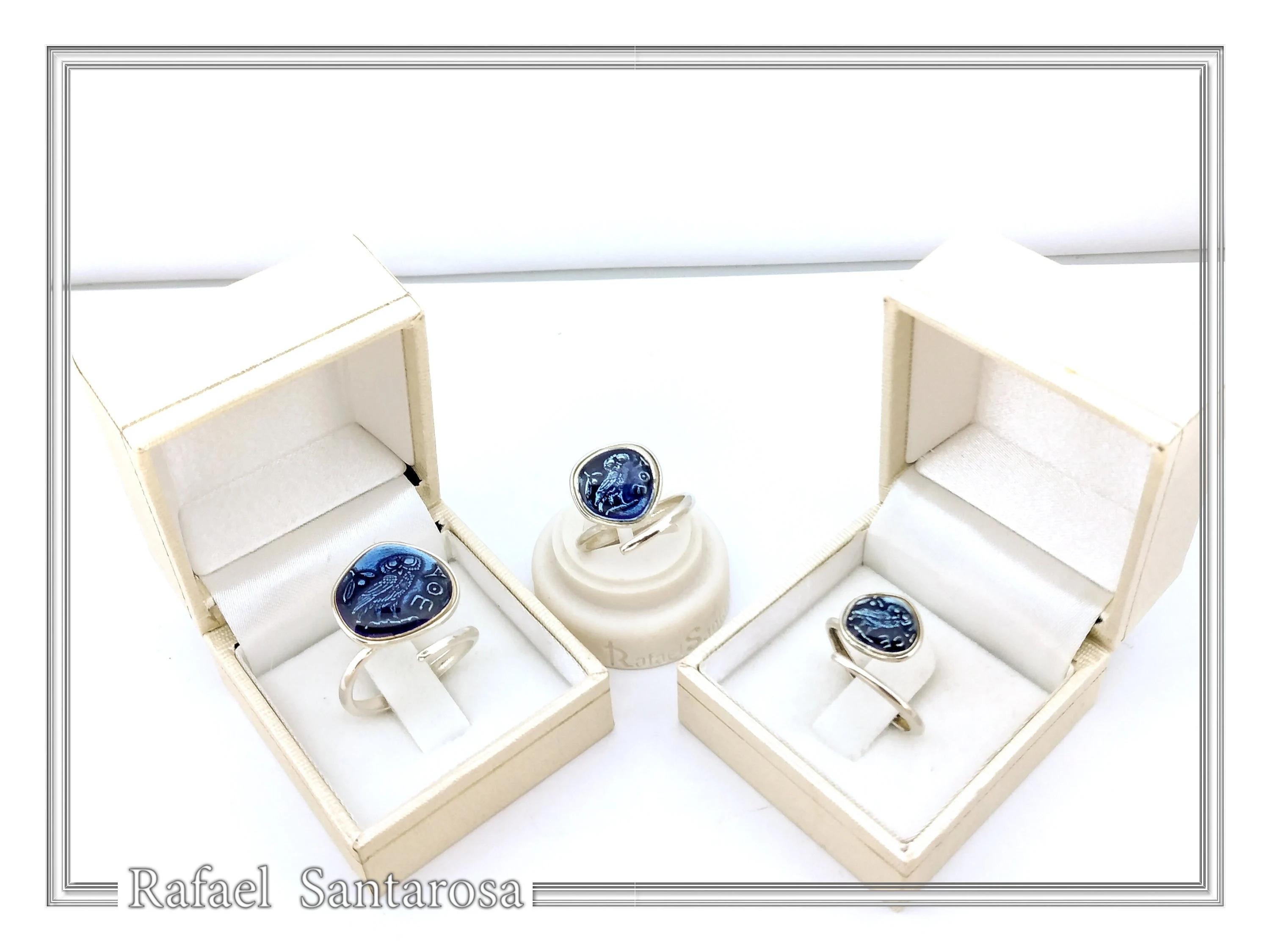 Athena Owl Coin Tetradrachm Ring Museum Replica: Transparent Blue Enamel on Sterling Silver Coin — additional product image 9 from Rafael Santarosa Fine Jewelry