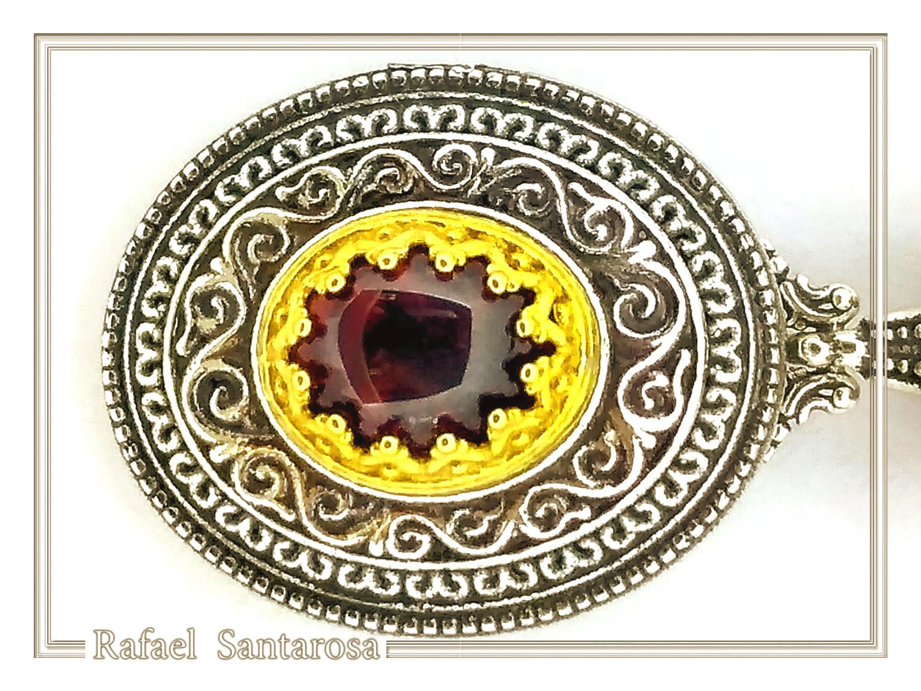 Natural Red Garnet Byzantine Filigree Pendant: Oxidized and 18k Gold Filled Sterling Silver — additional product image 4 from Rafael Santarosa Fine Jewelry