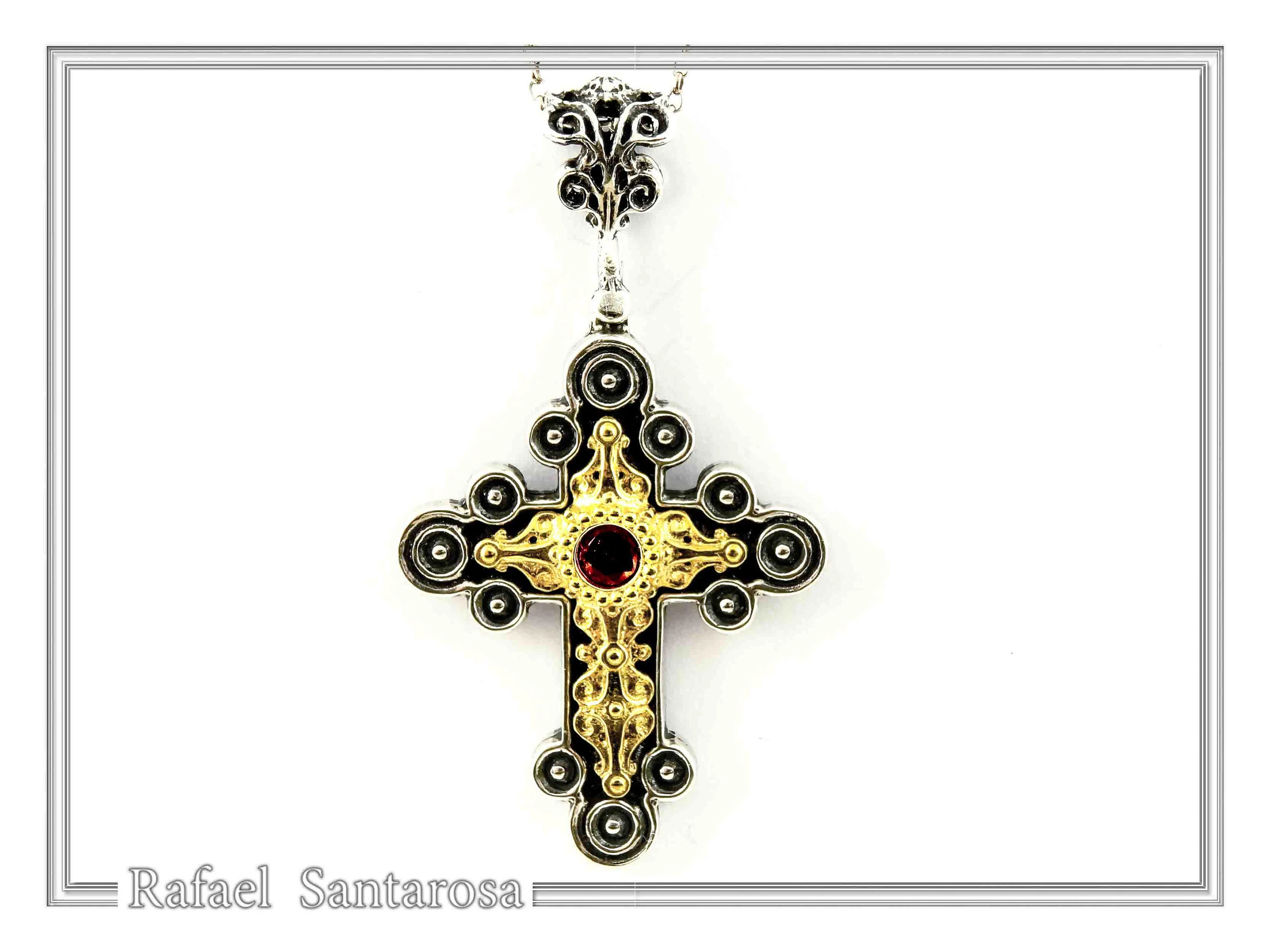 Byzantine Religious Cross Pendant Sterling Silver Oxidised 18k Gold Filled Garnet Necklace — additional product image 6 from Rafael Santarosa Fine Jewelry