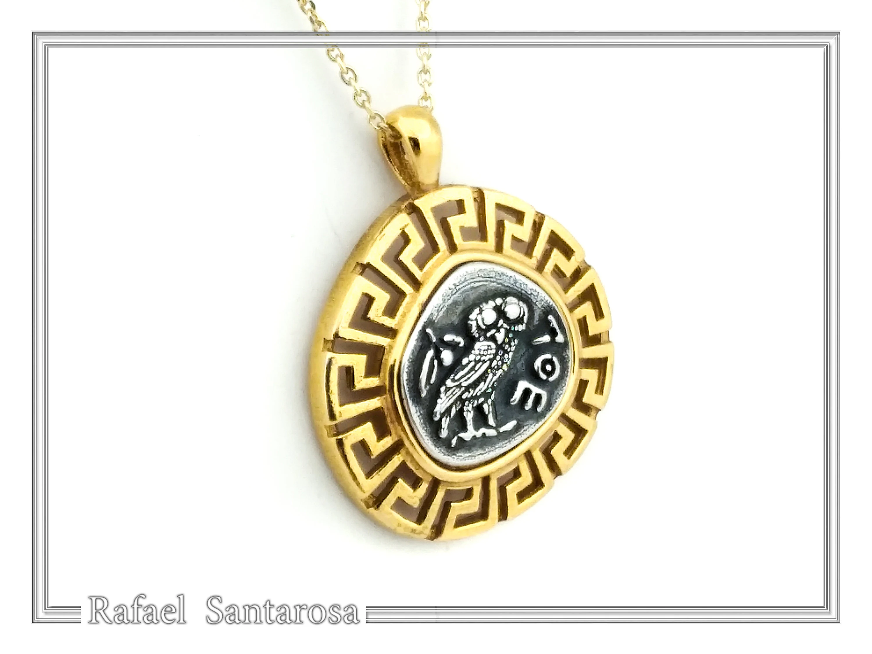 Athena Owl Coin Greek Key Pendant, Museum Jewelry: Oxidized & 18K Gold Filled Sterling Silver — additional product image 2 from Rafael Santarosa Fine Jewelry