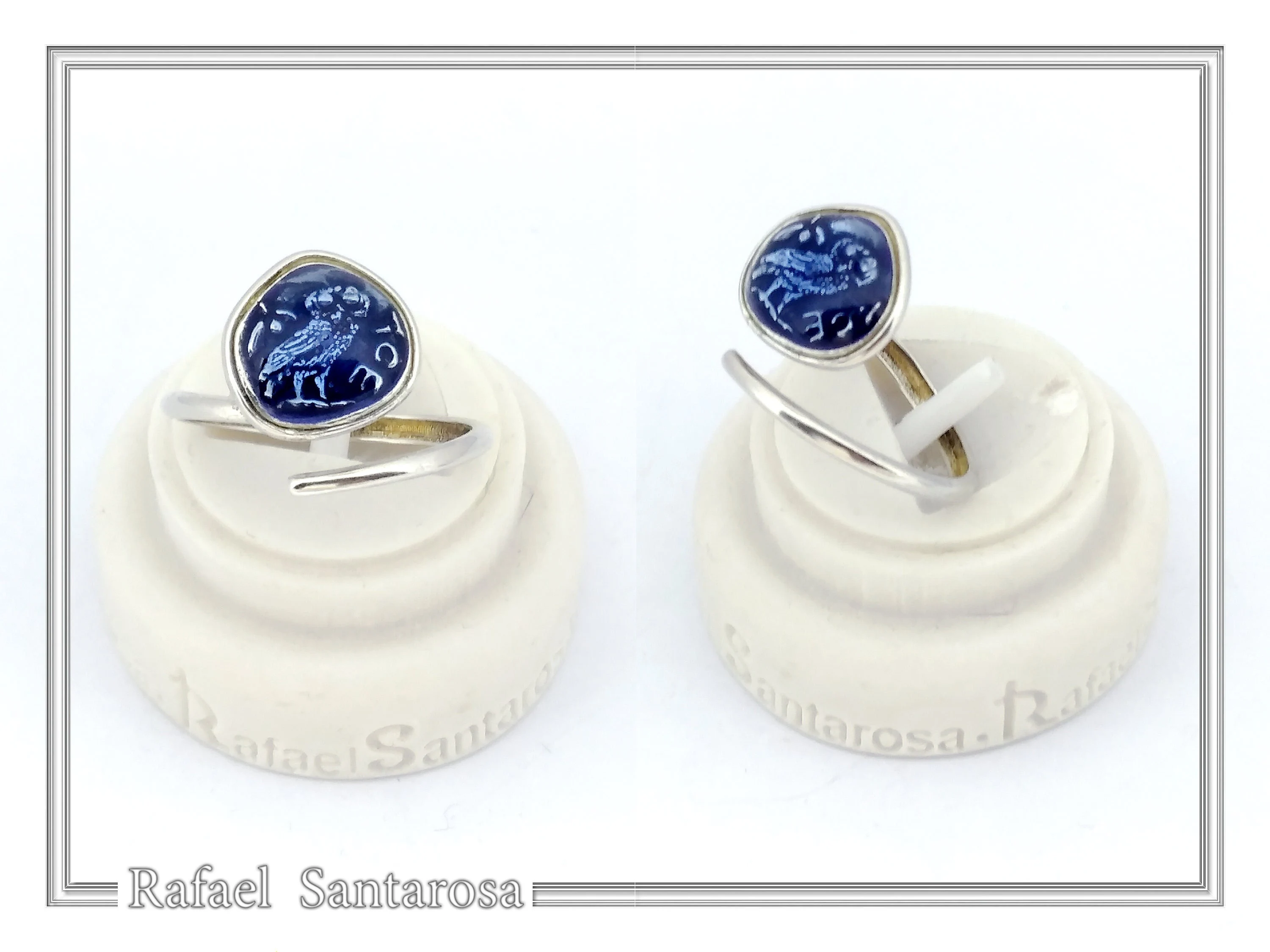 Athena Owl Coin Tetradrachm Ring Museum Replica: Transparent Blue Enamel on Sterling Silver Coin — additional product image 5 from Rafael Santarosa Fine Jewelry