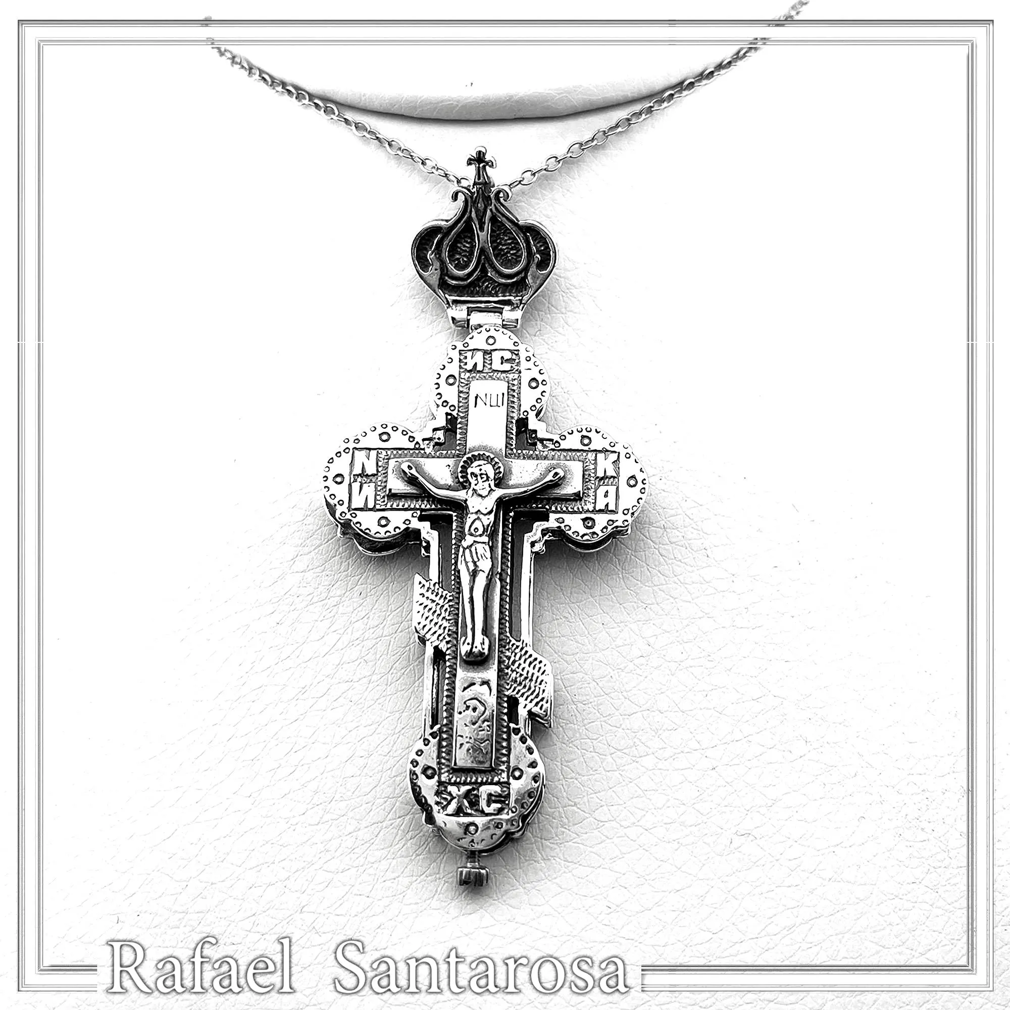 Reliquary Russian Type Cross Byzantine Cyrillic Prayer Pendant: Oxidised Sterling Silver Locket — additional product image 6 from Rafael Santarosa Fine Jewelry