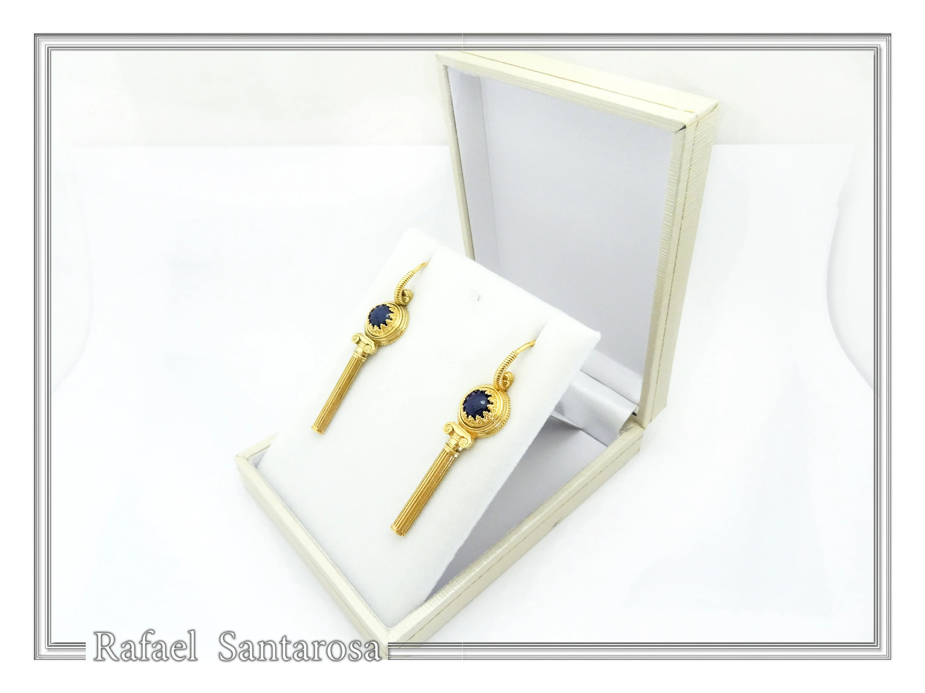 Natural Lapis Lazuli Greek Column Museum Earrings: Sterling Silver 18K Gold Filled Filigree Bezel — additional product image 8 from Rafael Santarosa Fine Jewelry