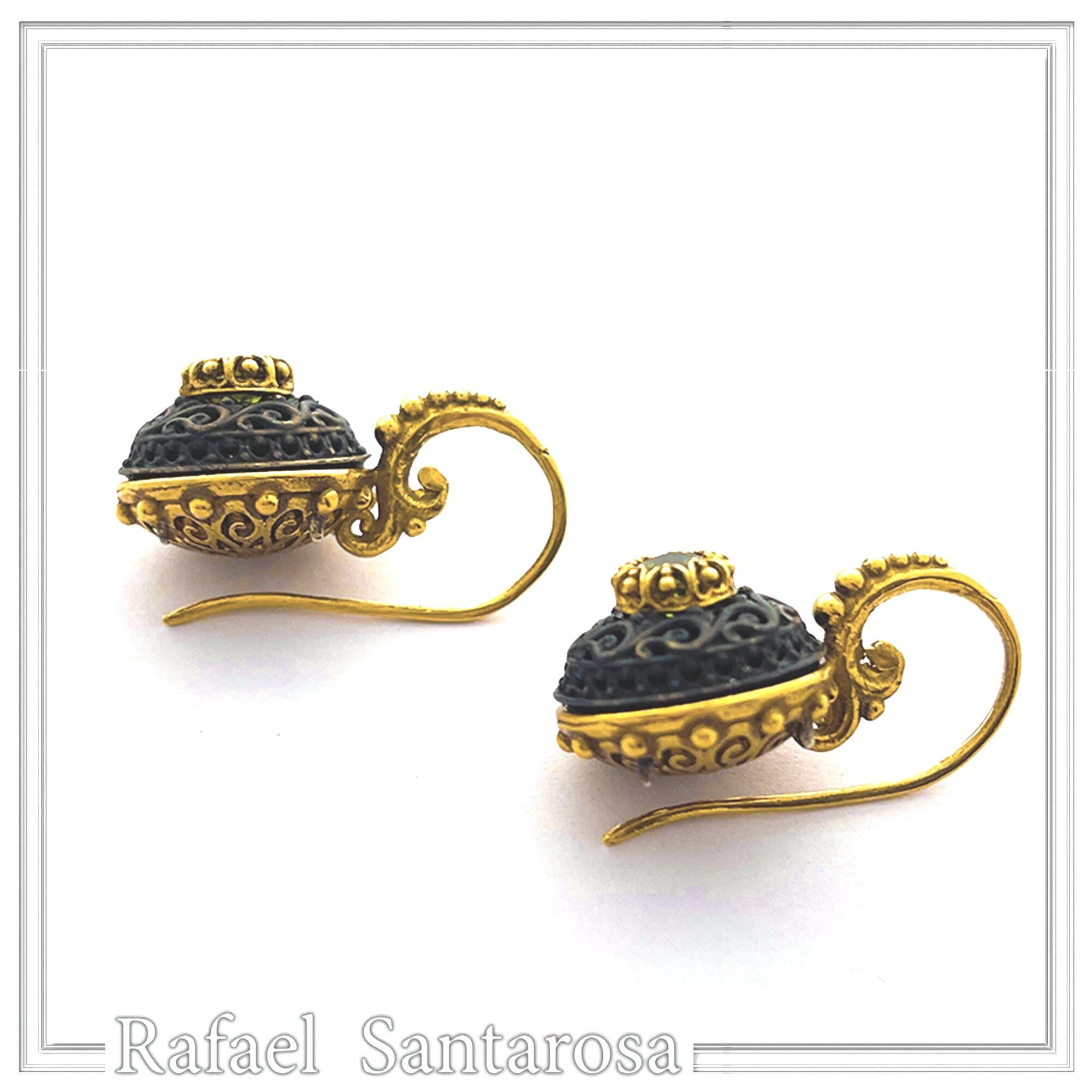Byzantine Filigree Natural Gemstones Silver Earrings: Oxidised black and Gold-Filled silver — additional product image 7 from Rafael Santarosa Fine Jewelry