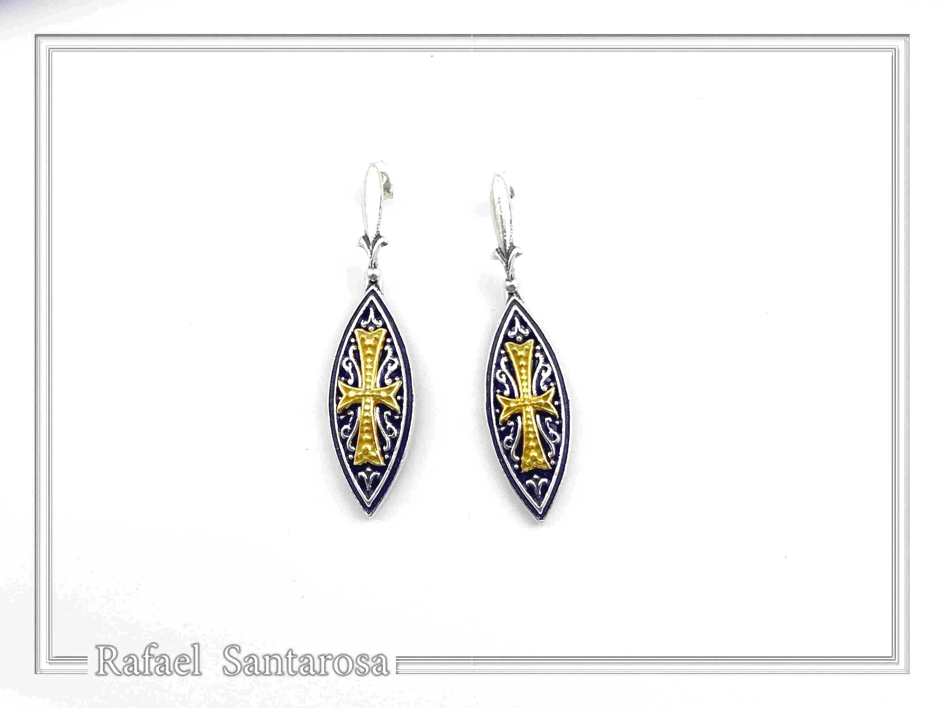 Maltese Cross Drop Earrings. Medieval Jewelry: Oxidized and 18K Gold-Filled Sterling Silver — additional product image 2 from Rafael Santarosa Fine Jewelry