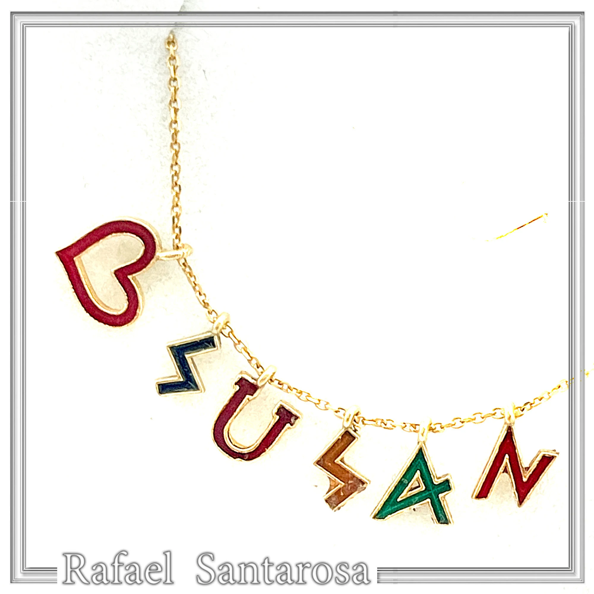 Personalized "Susan" Name Necklace: Multicolored Enamel on Greek Font Letter Silver 18K Gold Filled — additional product image 5 from Rafael Santarosa Fine Jewelry