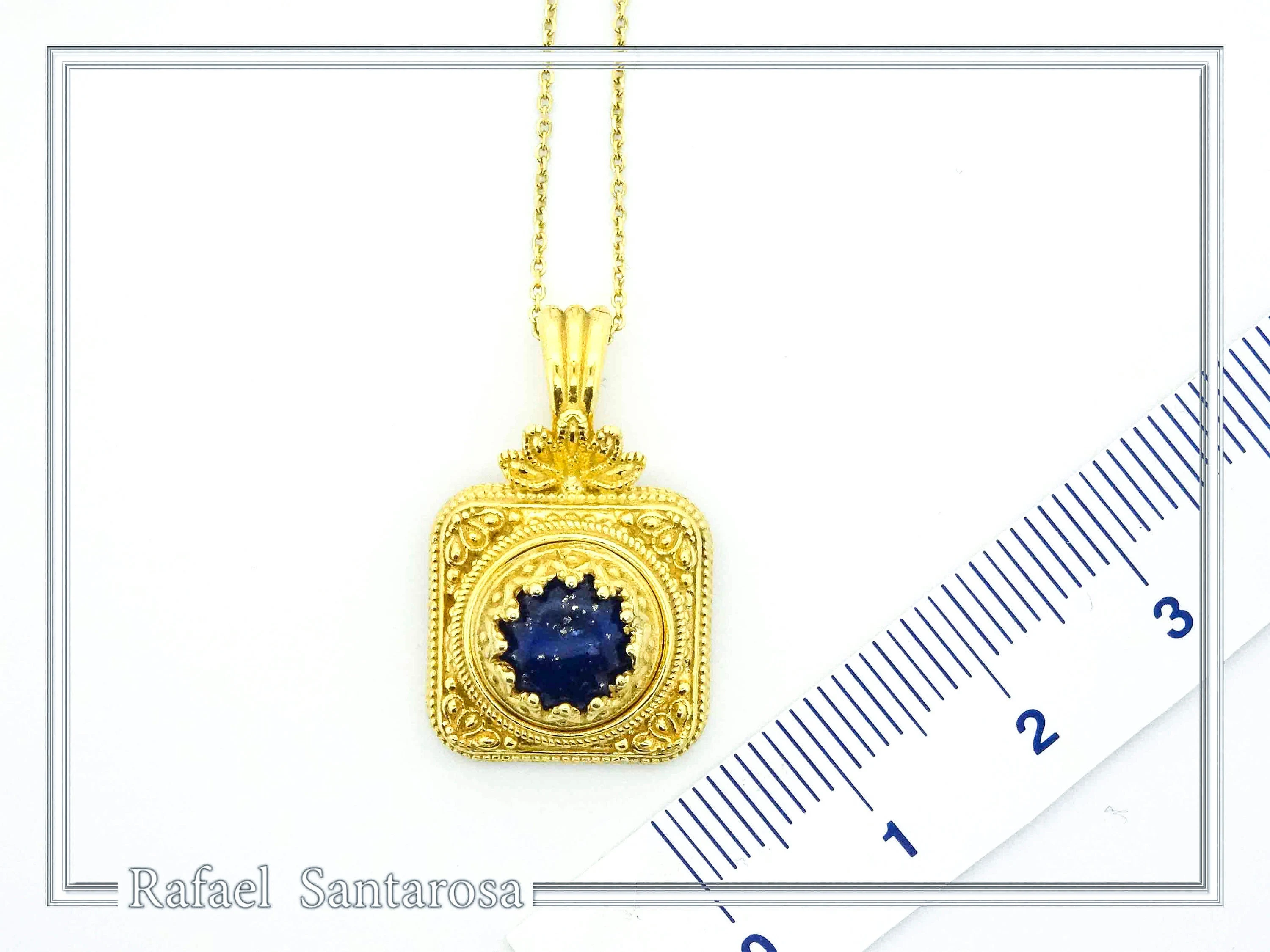 Solid Gold 18k Natural Lapis Lazuli Pendant: Byzantine Style Filigree and Granulation Handmade Jewelry — additional product image 4 from Rafael Santarosa Fine Jewelry