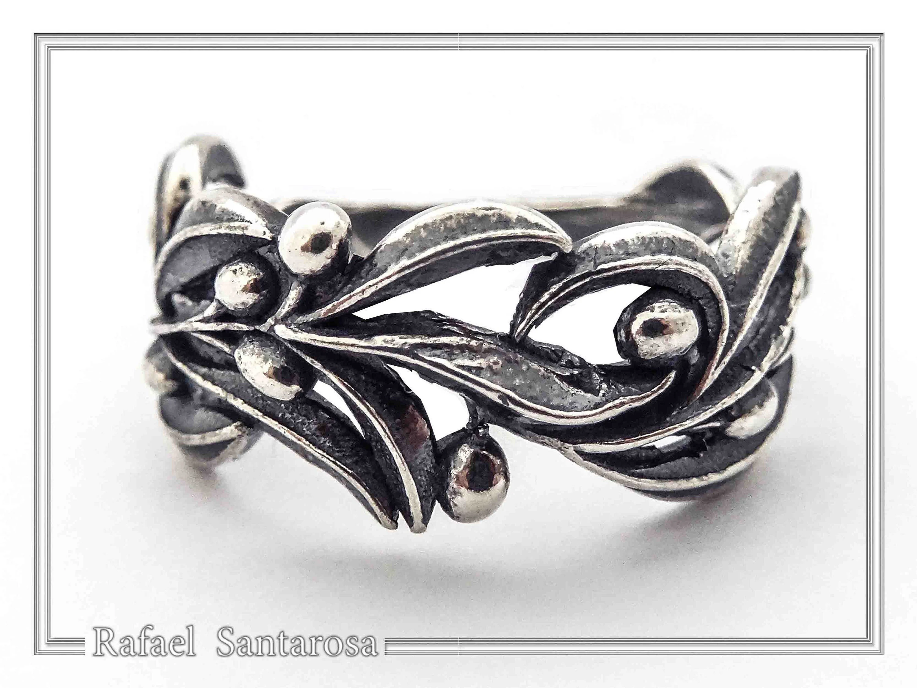 Olive Branch Band Ring, Greek Mythology Floral Jewelry: Oxidized Sterling Silver — additional product image 2 from Rafael Santarosa Fine Jewelry