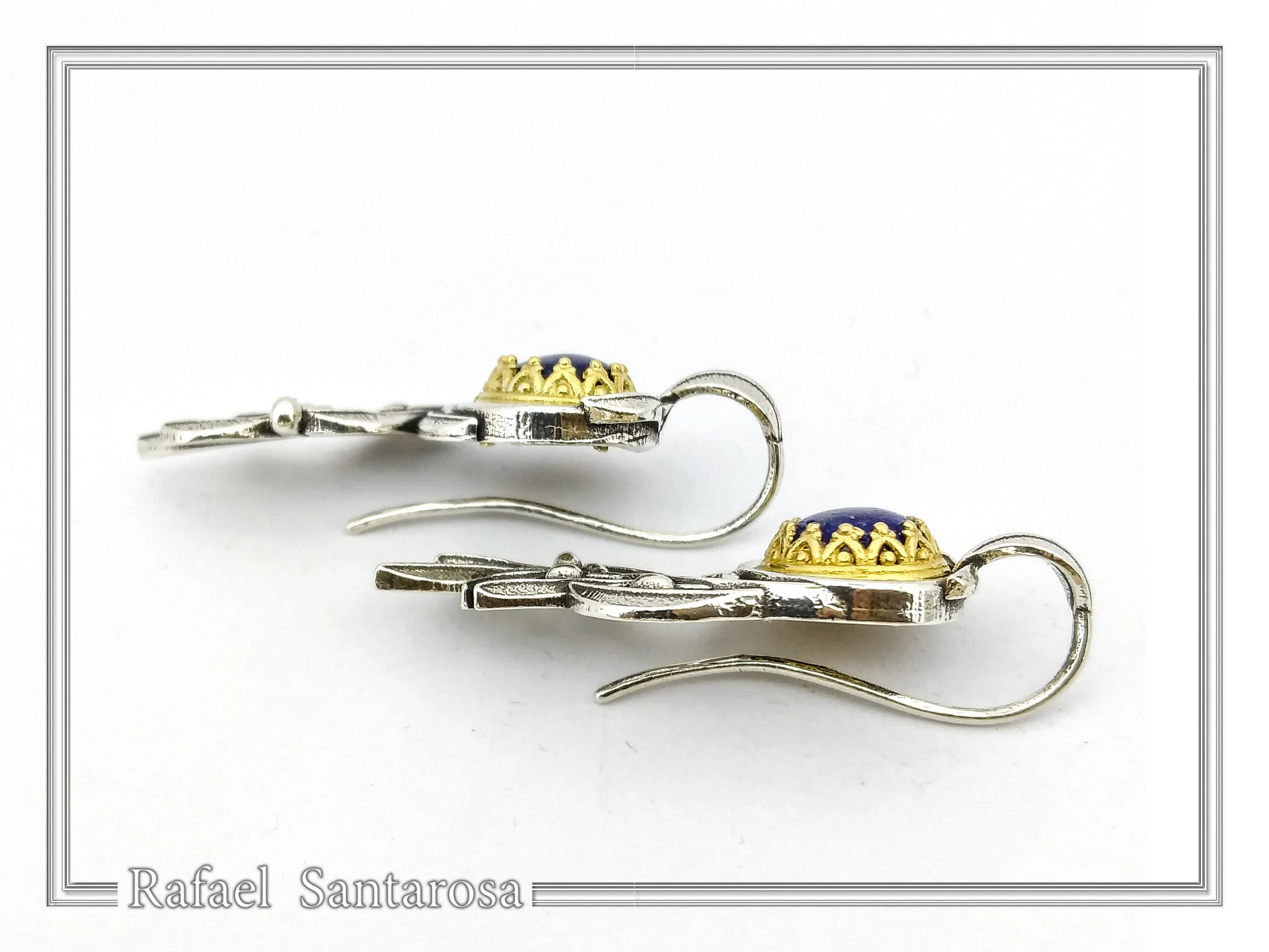 Natural Lapis Lazuli Olive Branch Earrings: Oxidized Sterling Silver, 18K Gold Filled Filigree Bezel — additional product image 7 from Rafael Santarosa Fine Jewelry