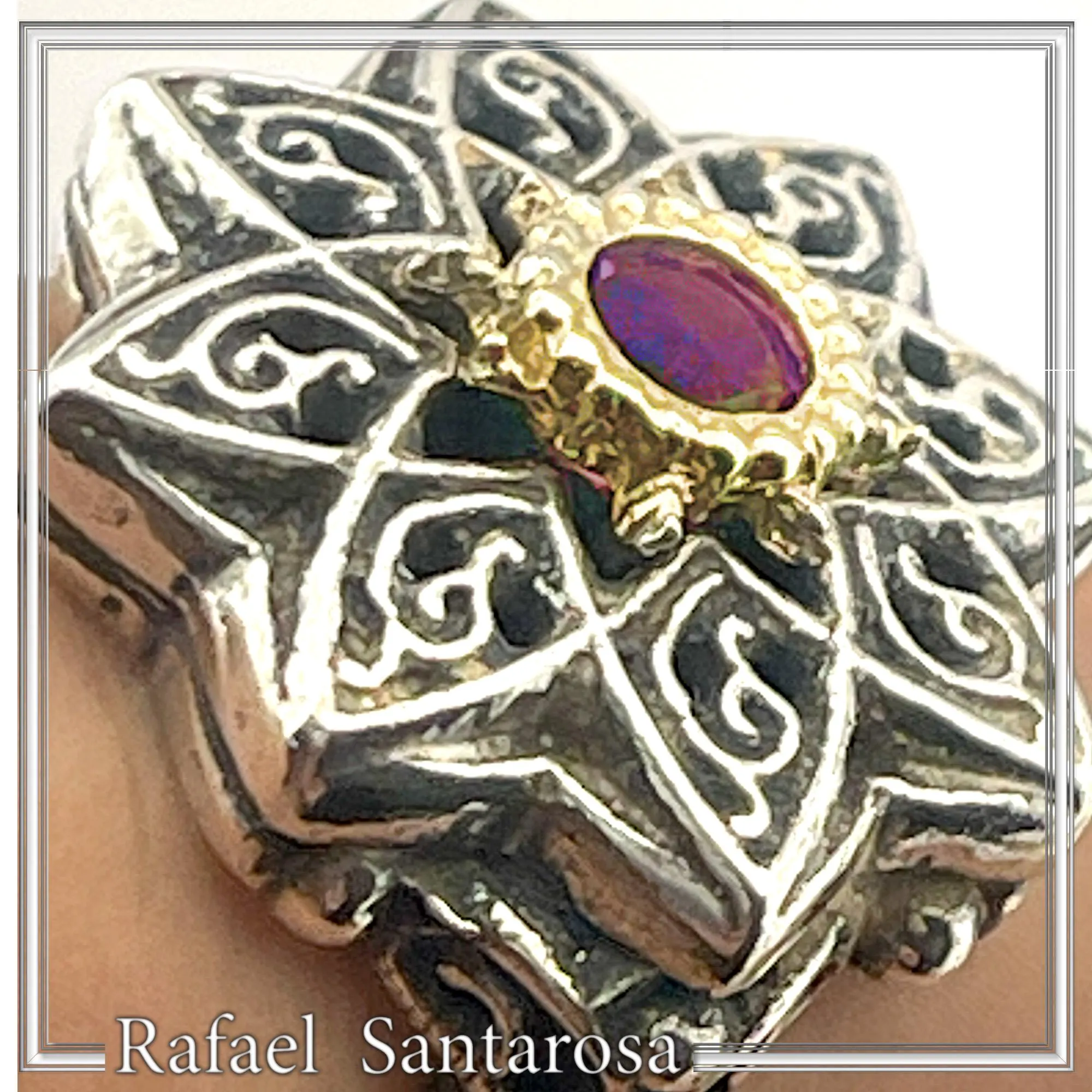 Natural African Amethyst Byzantine Ring: Oxidized Silver & 18k Gold Filled Filigree Bezel — additional product image 6 from Rafael Santarosa Fine Jewelry