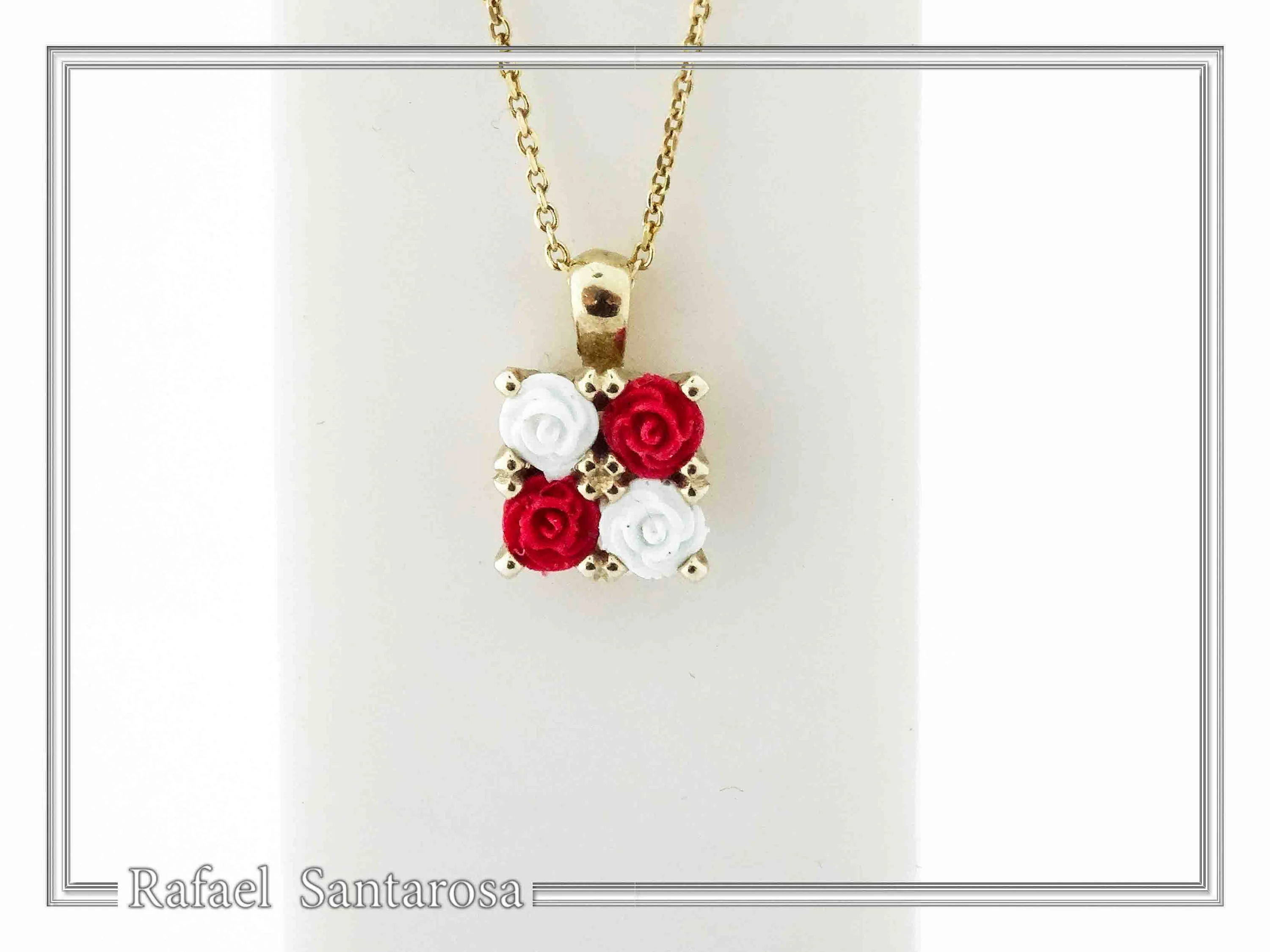 Alabaster Rose Flowers Gems Bouquet Square Necklace: Red &White Roses, Silver 18K Gold Filled. — additional product image 2 from Rafael Santarosa Fine Jewelry