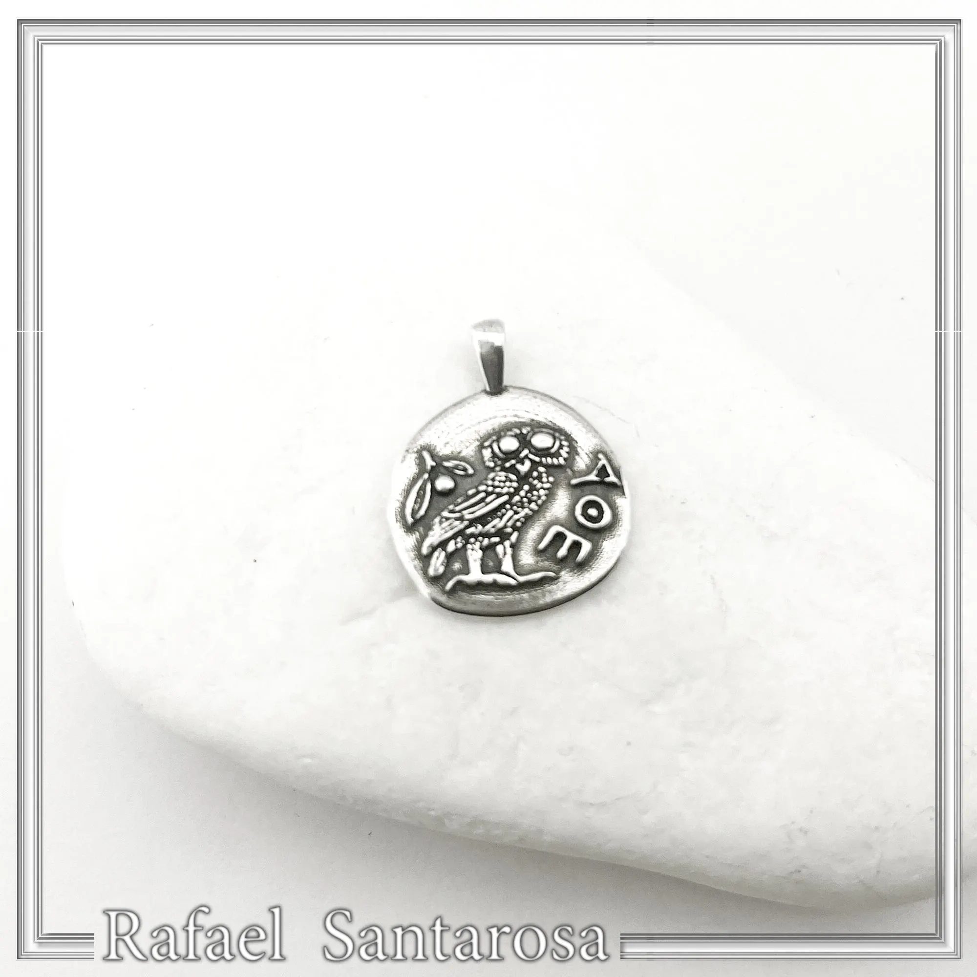 Greek Owl Coin Tetradrachm museum Replica Pendant: Oxidized Sterling Silver — additional product image 8 from Rafael Santarosa Fine Jewelry
