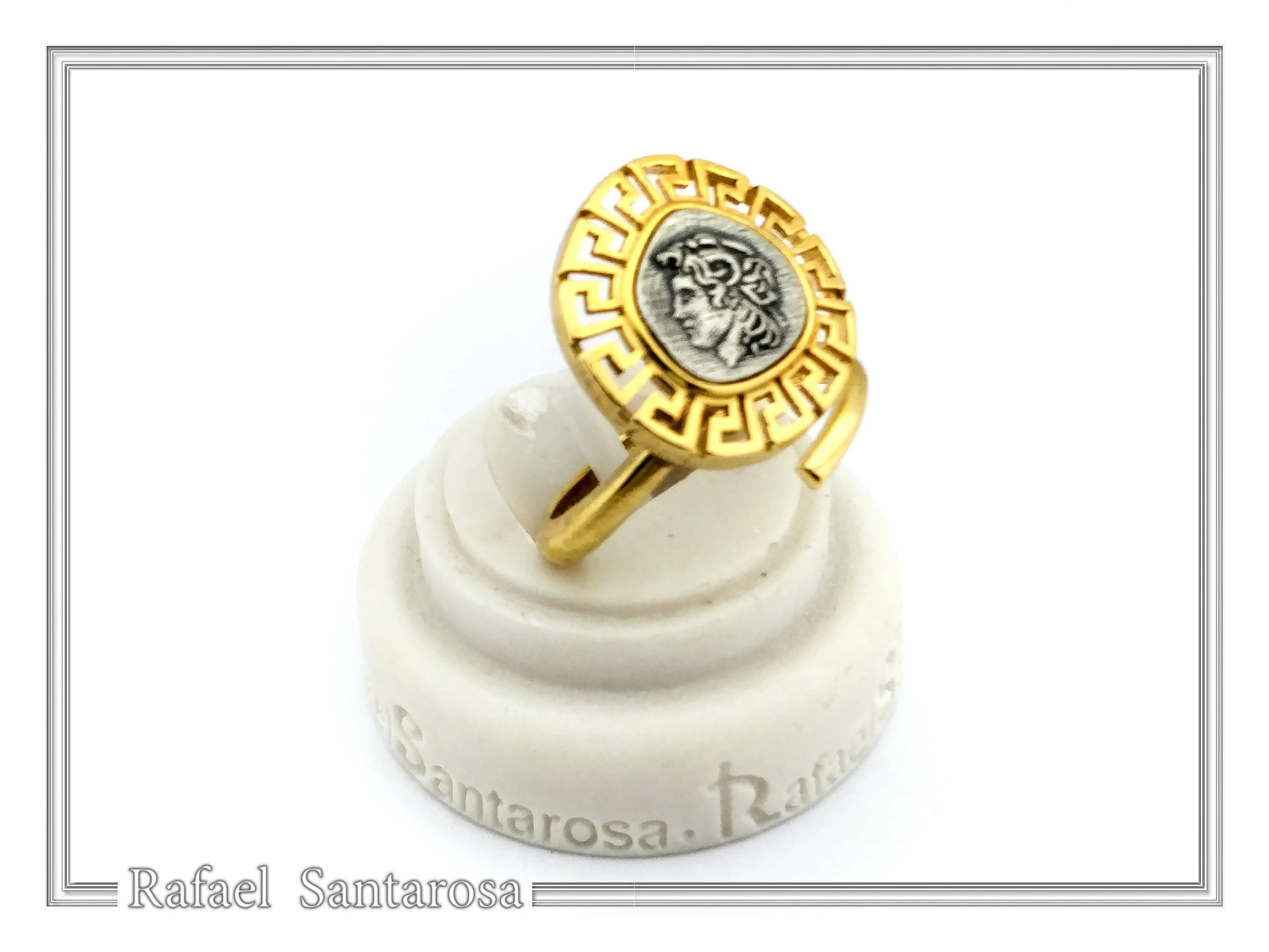Alexander the Greek coin adjustable ring oxidized, and 18K gold filled sterling silver Greek Key — additional product image 4 from Rafael Santarosa Fine Jewelry