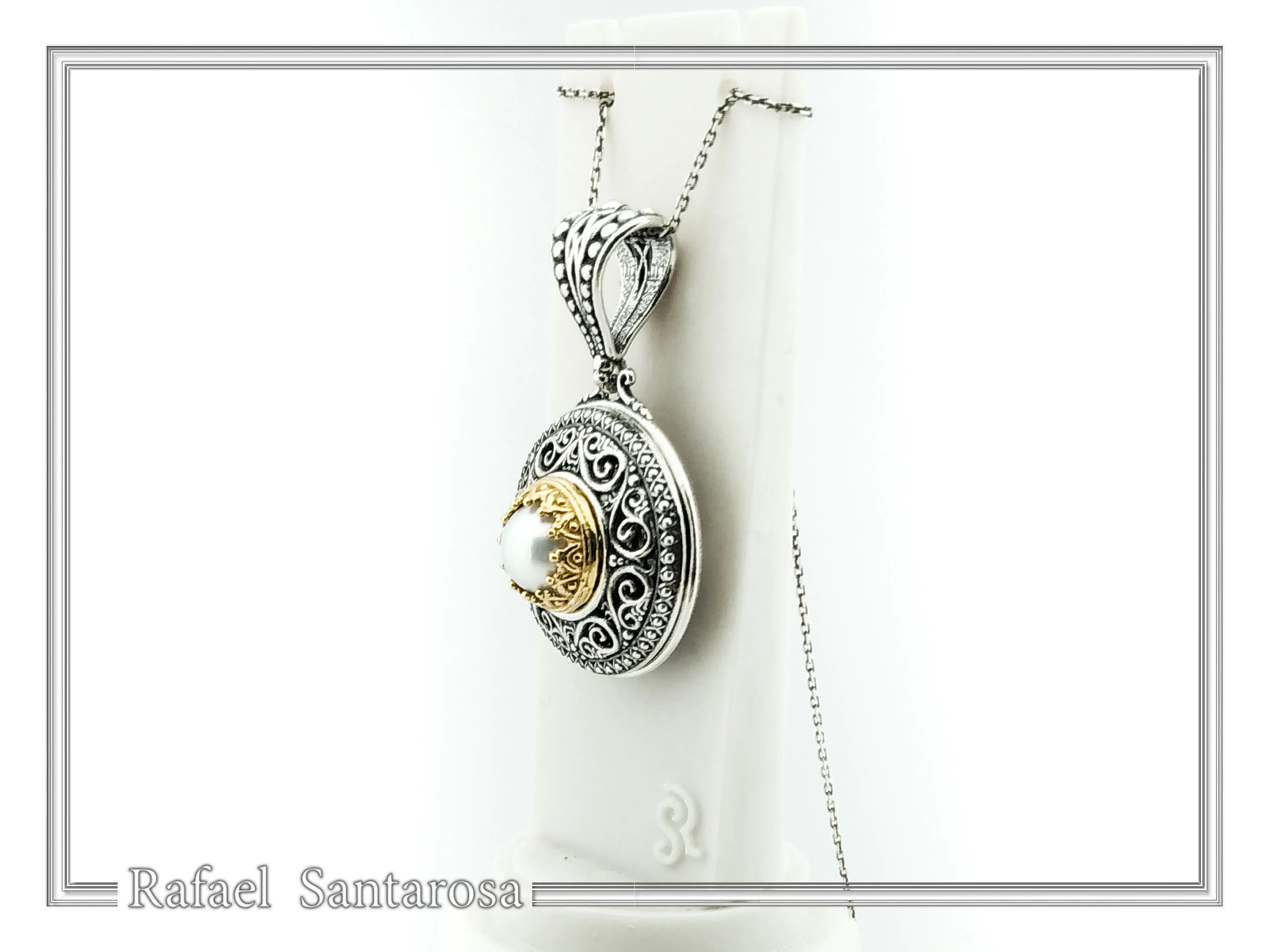 Byzantine natural Pearl Pendant: Oxidized Sterling Silver and Gold-Filled Filigree Necklace — additional product image 5 from Rafael Santarosa Fine Jewelry